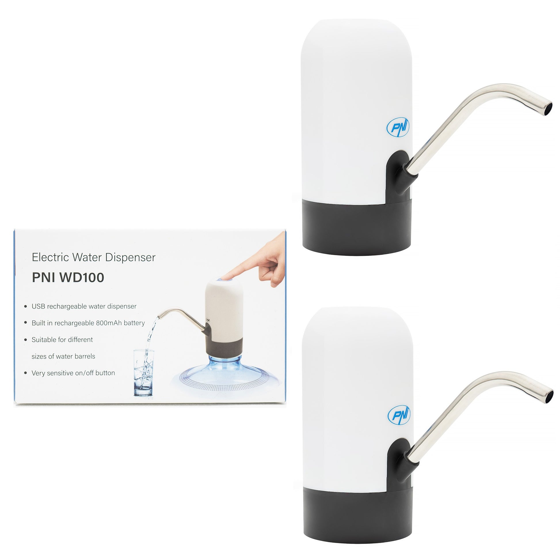 Pachet 2 bucati pompa electrica pentru bidon de apa PNI WD100 incarcare prin USB-C, acumulator 800 mAh, putere 4W