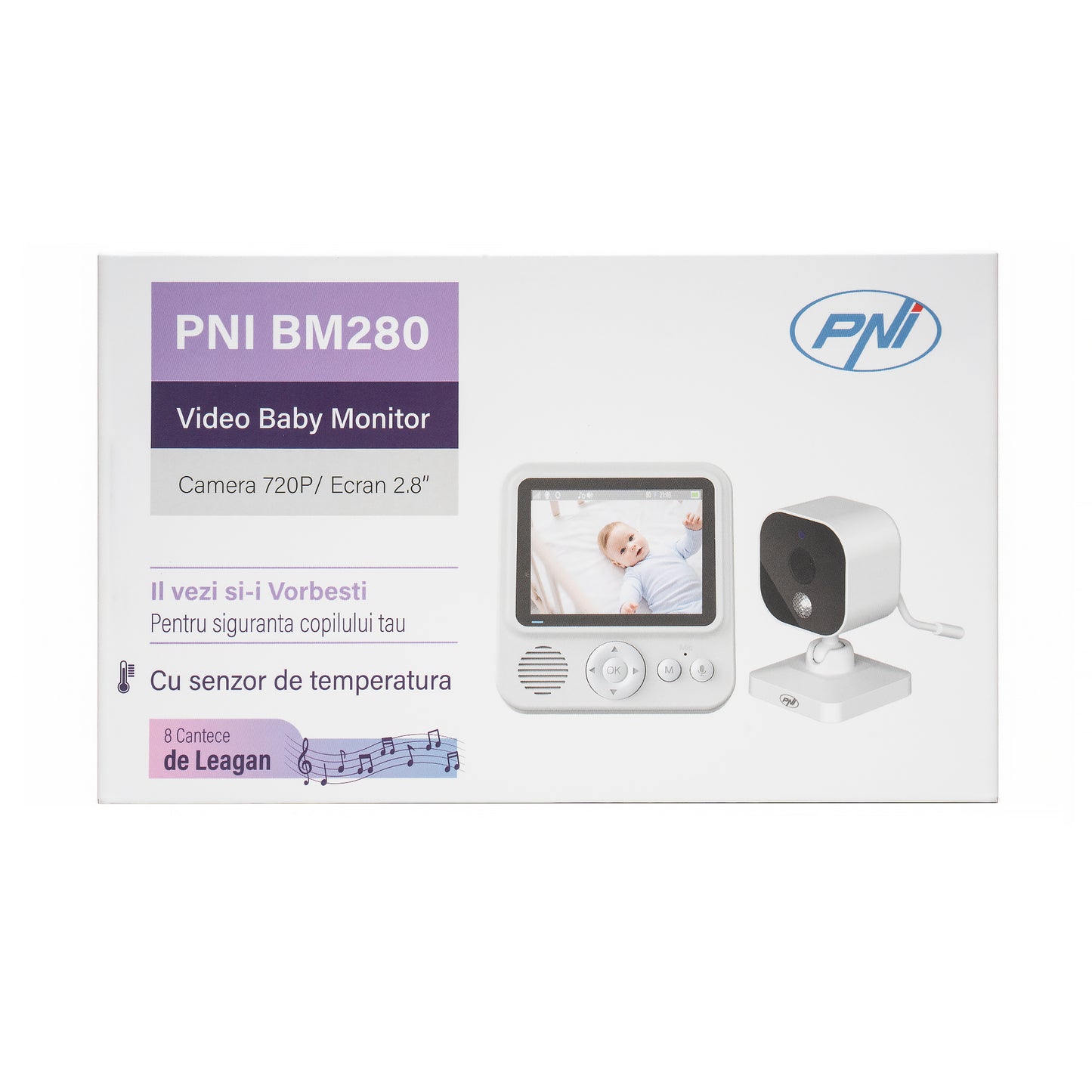 Video Baby Monitor PNI BM280 ecran 2.8 inch wireless 2.4 GHz, senzor temperatura, VOX, vedere nocturna, functie zoom, cantece de leagan