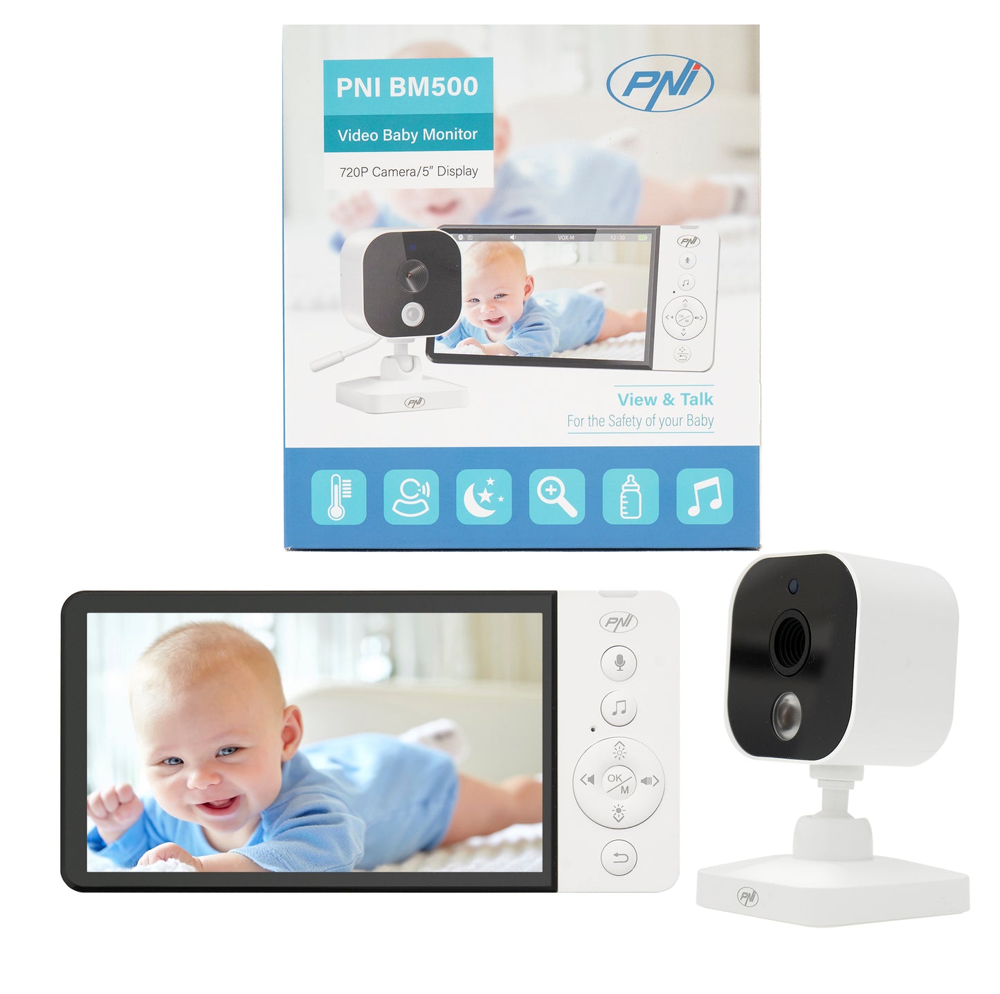 Video Baby Monitor PNI BM500 ecran 5 inch wireless 2.4 GHz, senzor temperatura, VOX, vedere nocturna, functie zoom, cantece de leagan