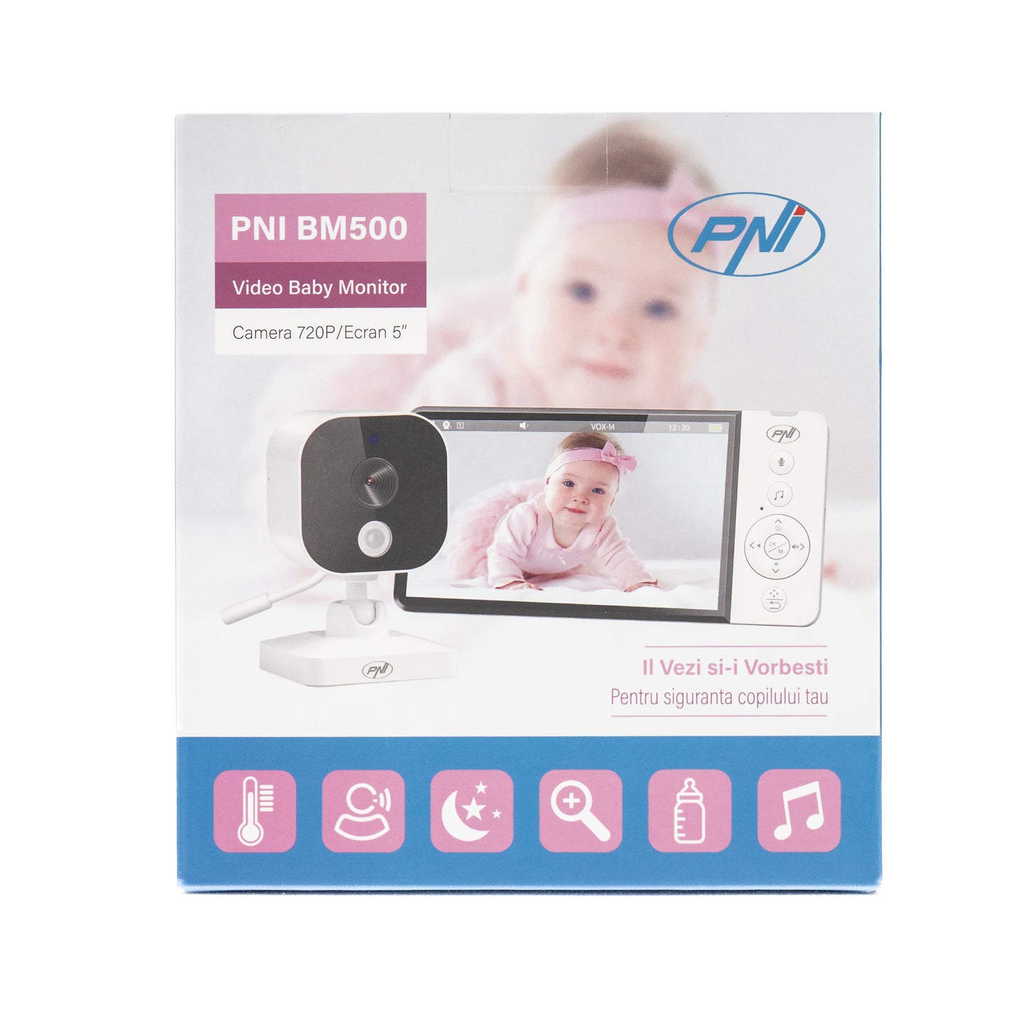 Video Baby Monitor PNI BM500 ecran 5 inch wireless 2.4 GHz, senzor temperatura, VOX, vedere nocturna, functie zoom, cantece de leagan