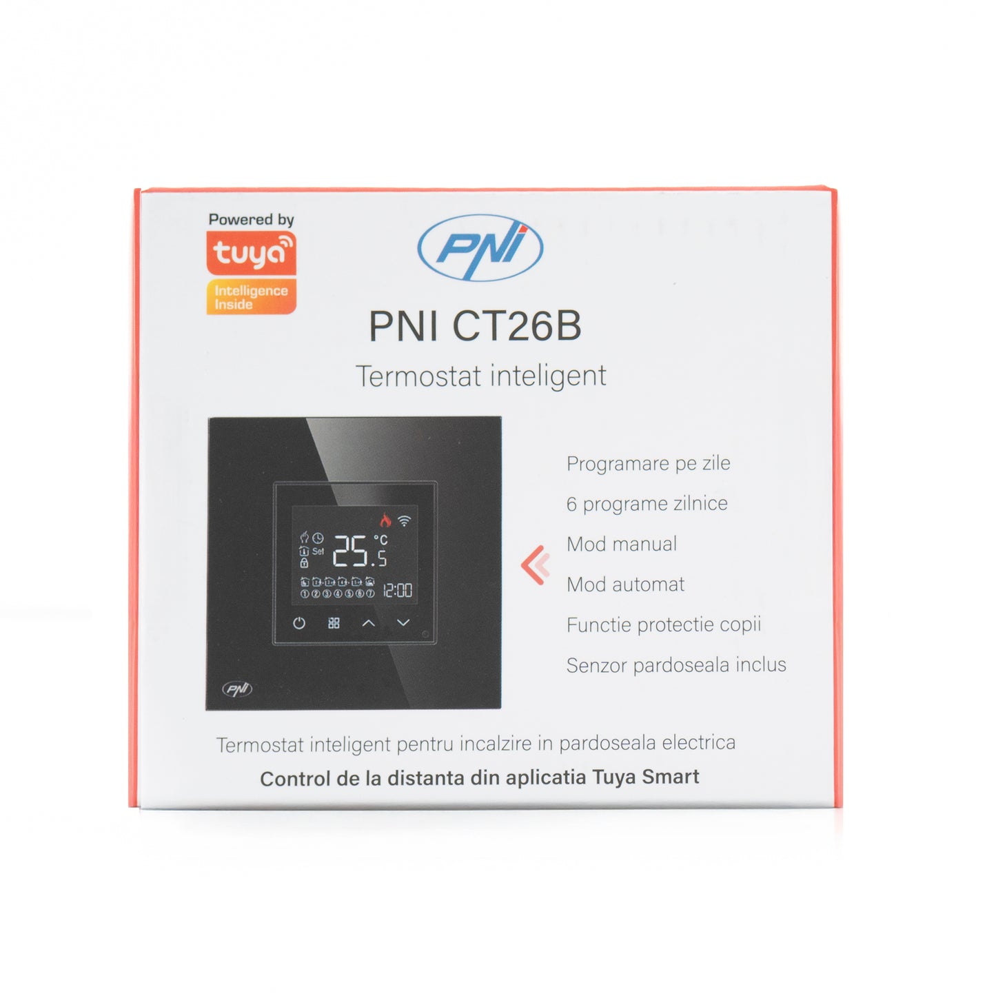 Termostat inteligent PNI CT26B WiFi incalzire in pardoseala electrica sau grup pompare, senzor pardoseala inclus, 10A, montaj incastrat, control din aplicatia Tuya Smart, programare zilnica, mod manual/automat, tensiune iesire 230V 10A