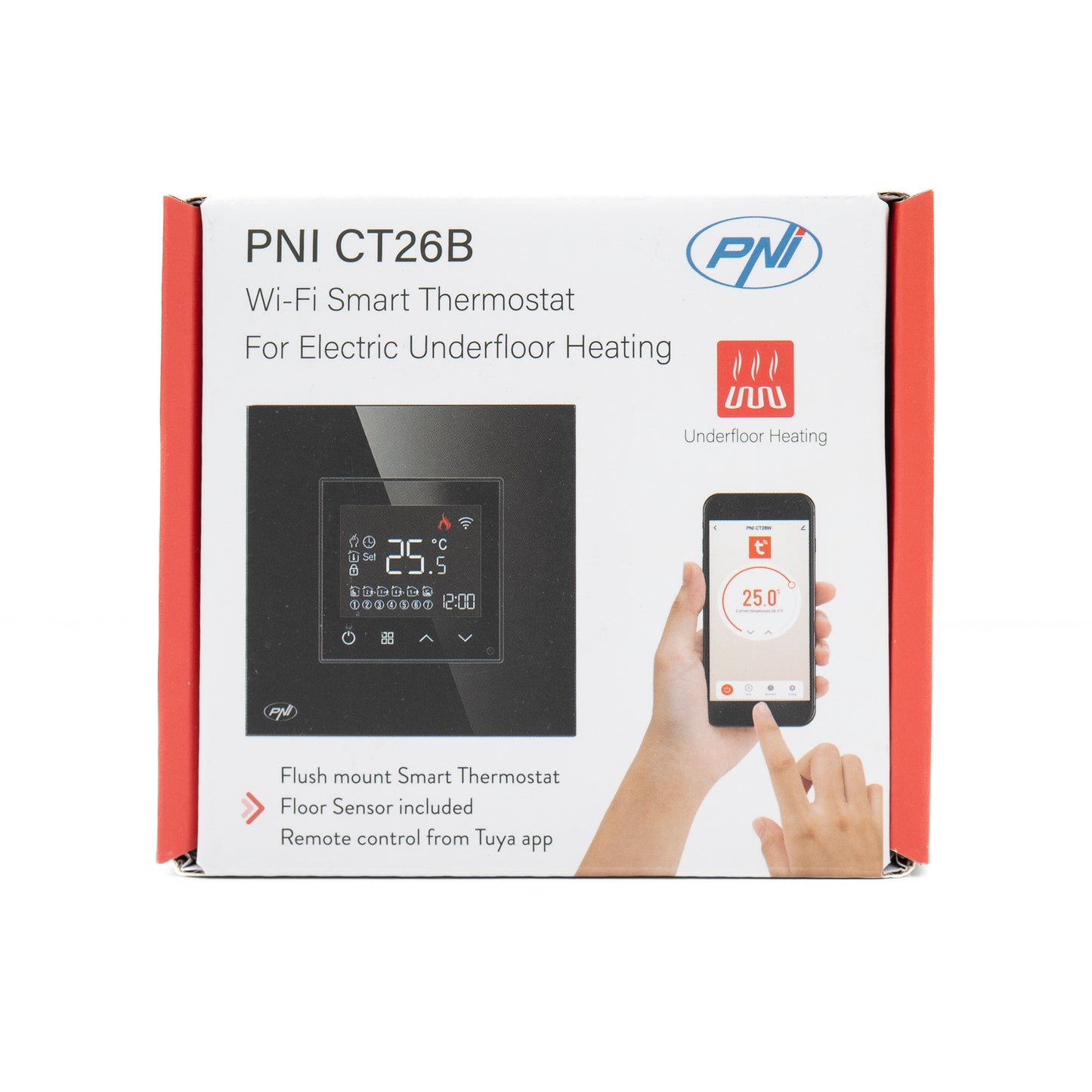Termostat inteligent PNI CT26B WiFi incalzire in pardoseala electrica sau grup pompare, senzor pardoseala inclus, 10A, montaj incastrat, control din aplicatia Tuya Smart, programare zilnica, mod manual/automat, tensiune iesire 230V 10A