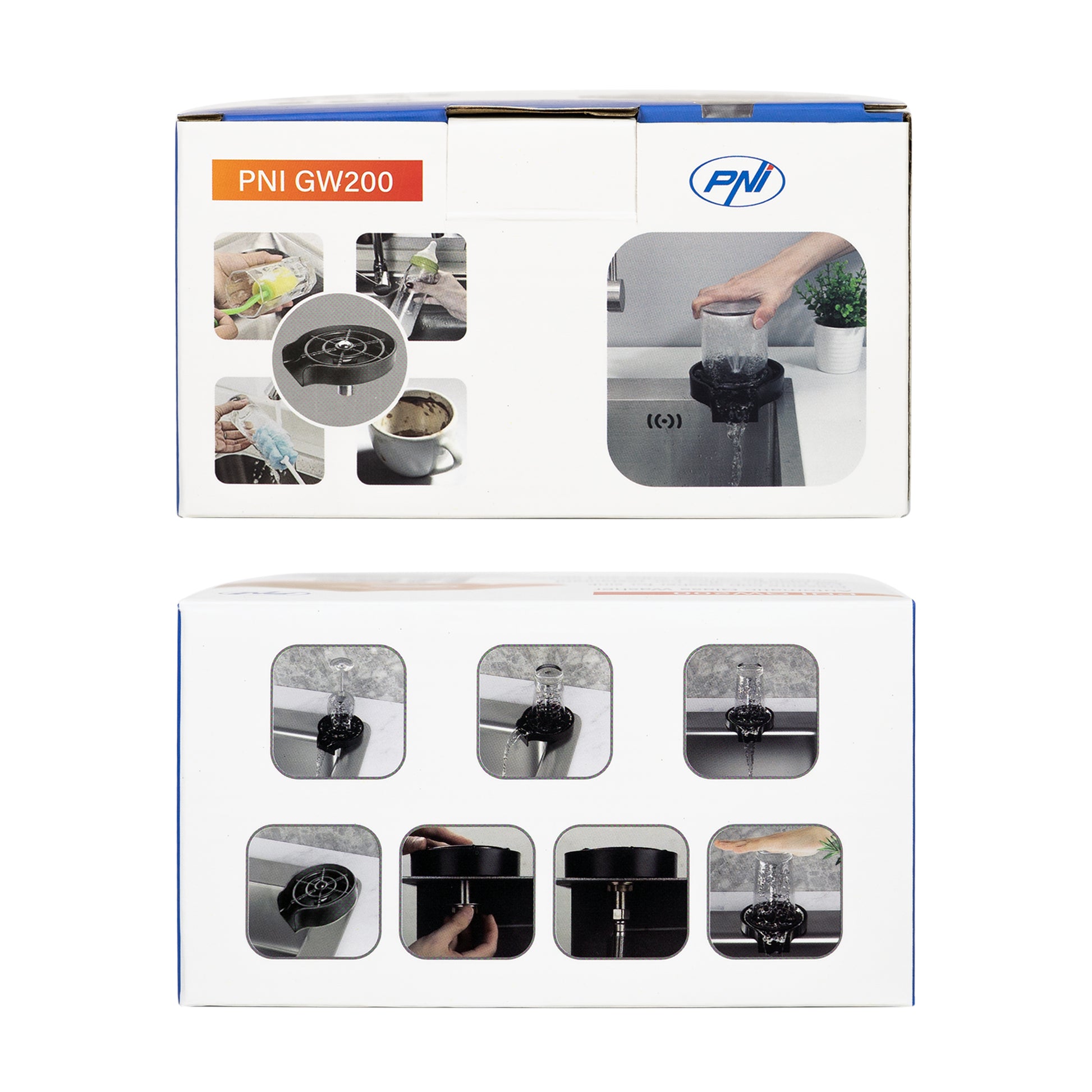 Dispozitiv spalare pahare PNI GW200 pentru bar, restaurant, bucatarie, clatire si spalare rapida, jet cu presiune, racord flexibil inclus, plastic ABS si otel inoxidabil, negru