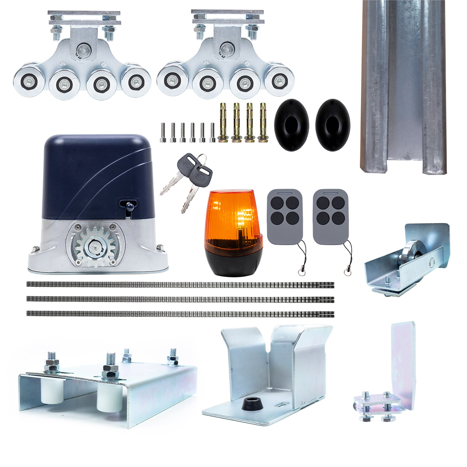 Kit complet automatizare porti autoportante PNI AP800D, motor, roti, fotocelule, telecomanda, lampa, 6 metri cremaliera, 3x2 m sina pentru o deschidere utila de 4-5m, 230V, 1100 N si 800KG poarta culisanta