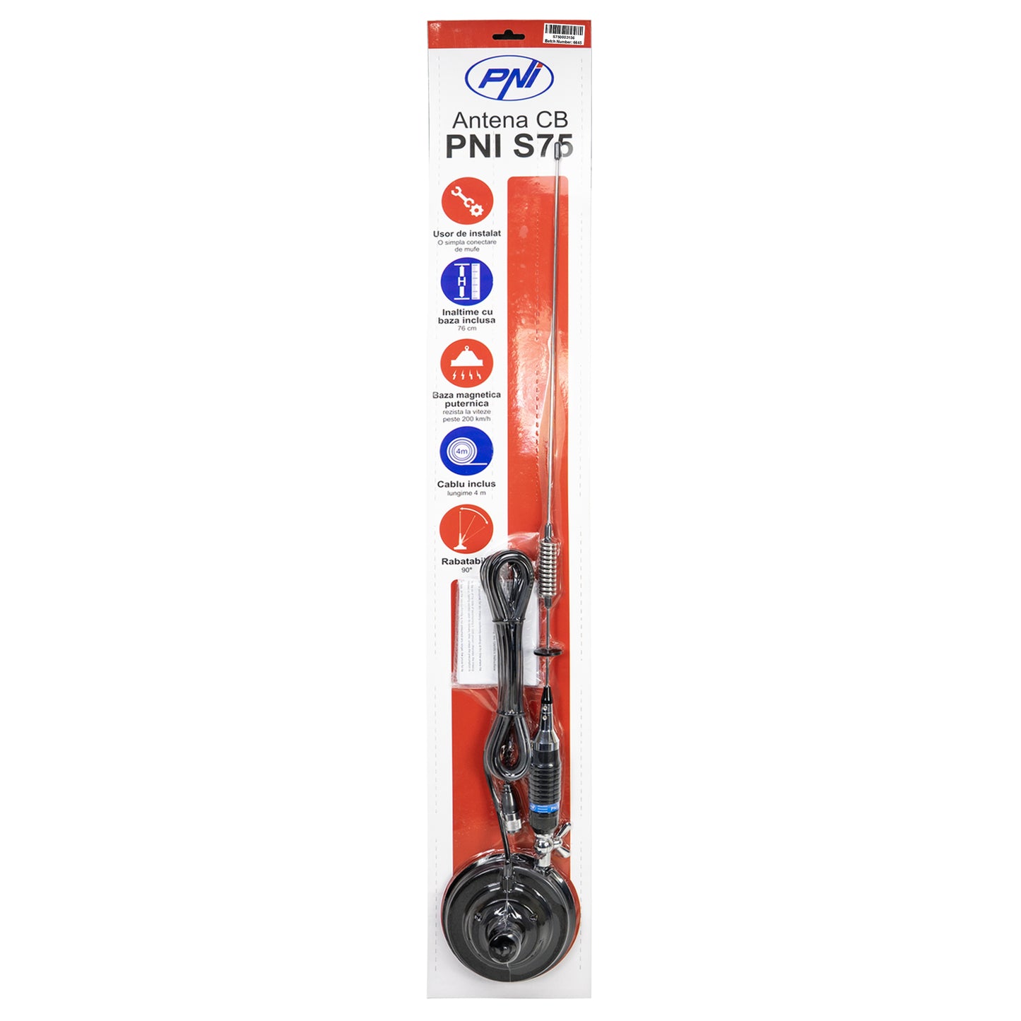 Antena CB PNI S75 cu fluture, 26-28MHz, lungime spic 54 cm, magnet 125mm inclus