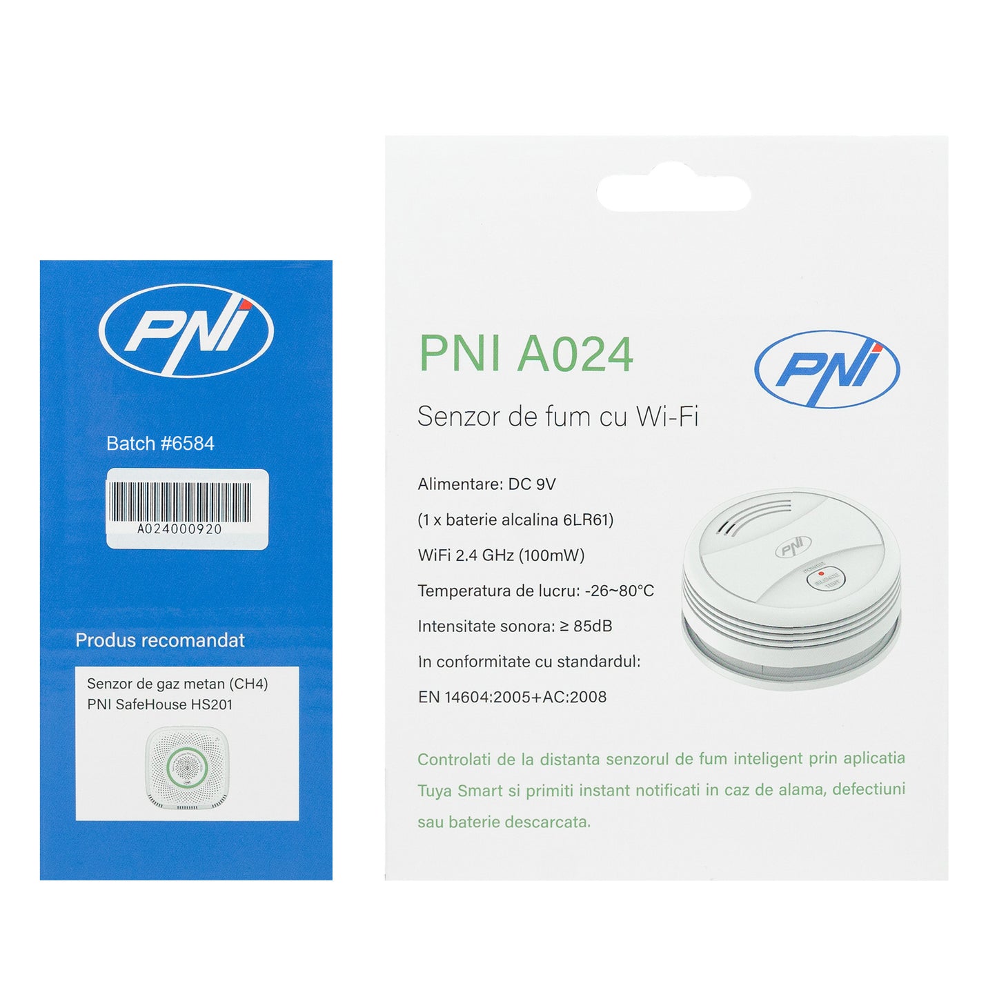 Senzor de fum PNI A024 cu Wi-Fi, control din aplicatia Tuya Smart, alimentare baterie 9V, 85dB, alarma sonora si vizuala, alarma silentioasa