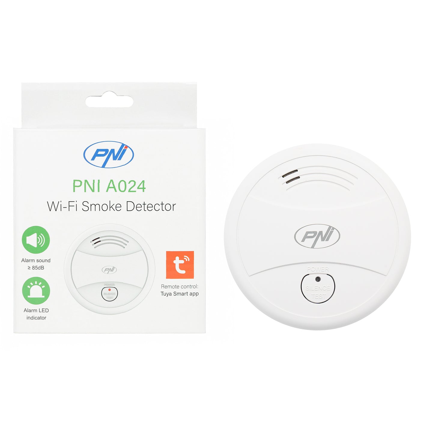 Senzor de fum PNI A024 cu Wi-Fi, control din aplicatia Tuya Smart, alimentare baterie 9V, 85dB, alarma sonora si vizuala, alarma silentioasa
