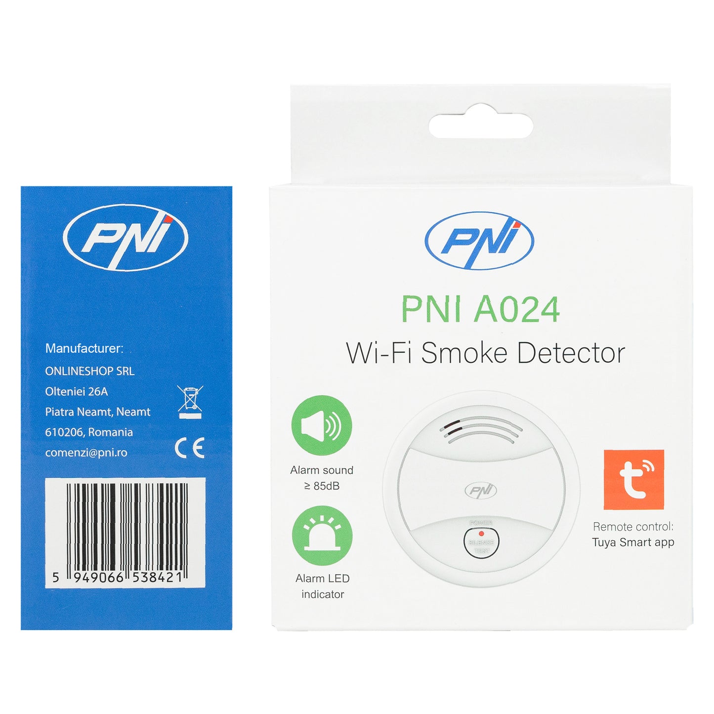 Senzor de fum PNI A024 cu Wi-Fi, control din aplicatia Tuya Smart, alimentare baterie 9V, 85dB, alarma sonora si vizuala, alarma silentioasa