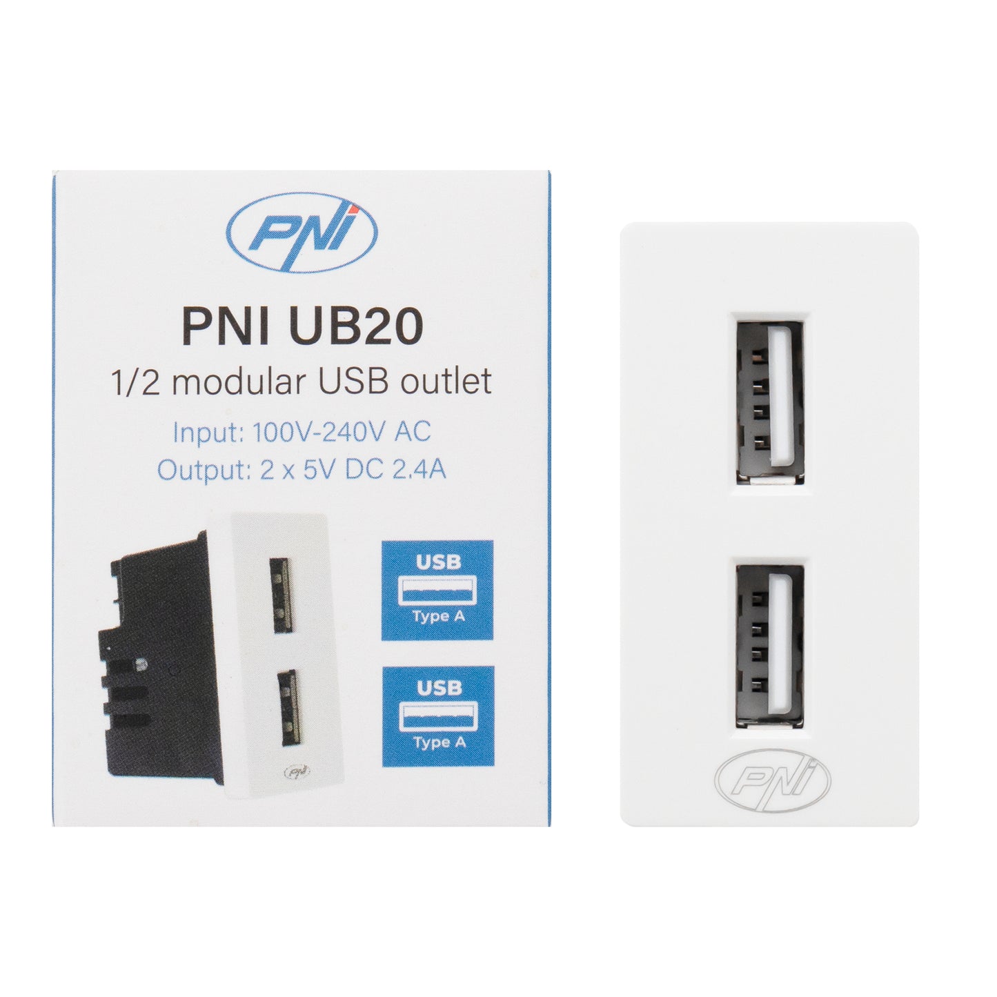 Priza alimentare 2 x USB PNI UB20, 5V 2.4A, max. 12W, modulara, tip F 1/2, montaj incastrat