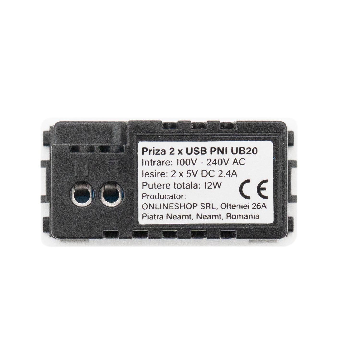 Priza alimentare 2 x USB PNI UB20, 5V 2.4A, max. 12W, modulara, tip F 1/2, montaj incastrat