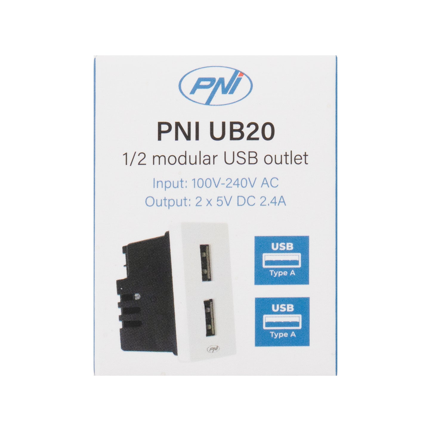 Priza alimentare 2 x USB PNI UB20, 5V 2.4A, max. 12W, modulara, tip F 1/2, montaj incastrat