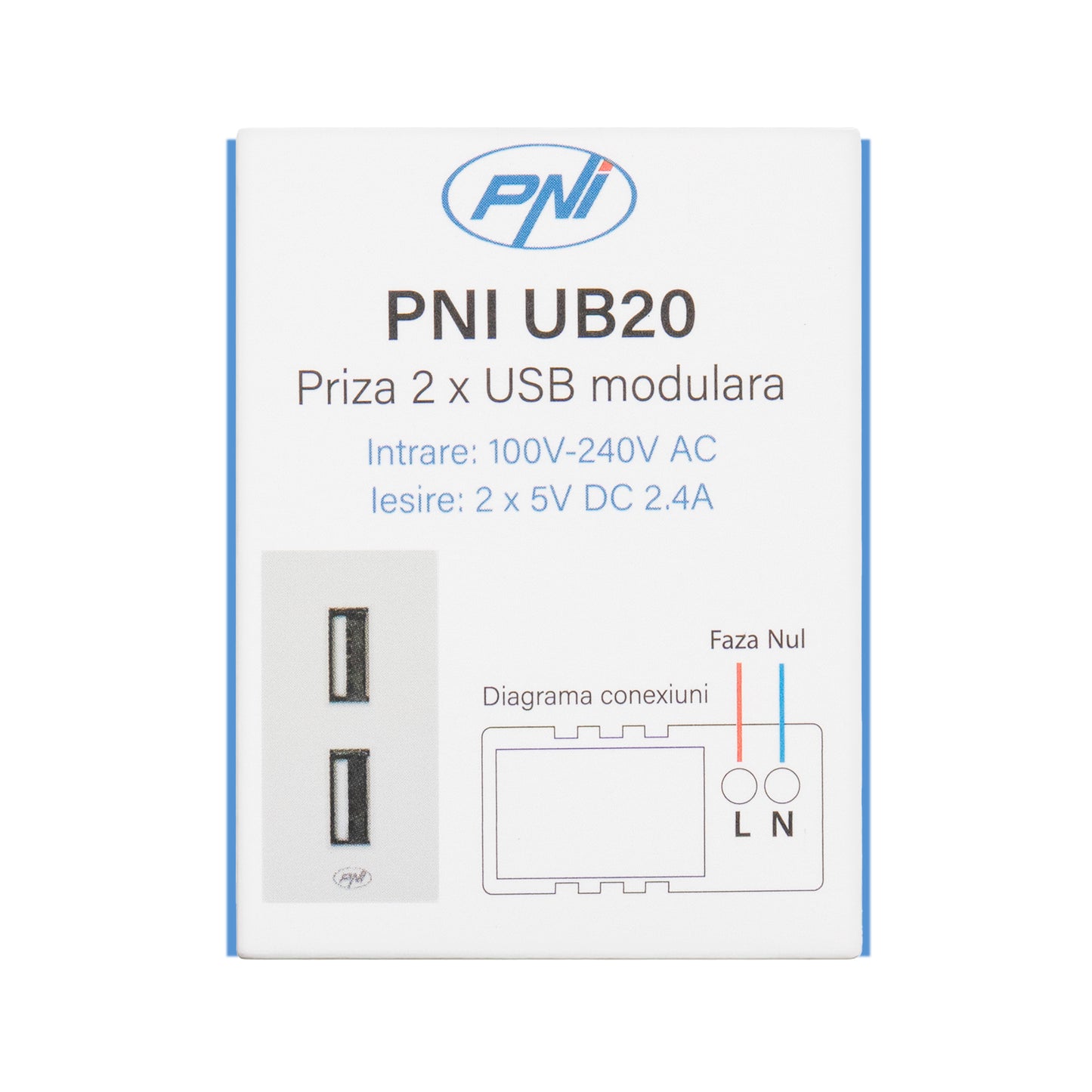 Priza alimentare 2 x USB PNI UB20, 5V 2.4A, max. 12W, modulara, tip F 1/2, montaj incastrat
