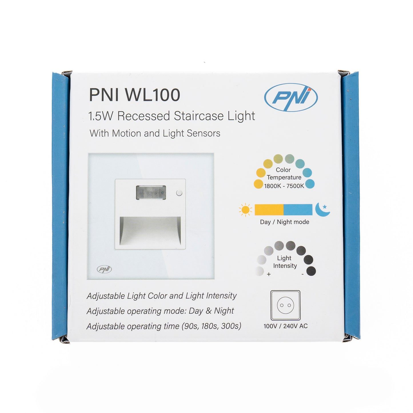 Lampa LED PNI WL100 pentru iluminare trepte scara, montaj incastrat, cu senzor de miscare, senzor de lumina, culoare lumina reglabila, intensitate lumina reglabila, mod noapte, mod zi, 1.5W, 150 lm