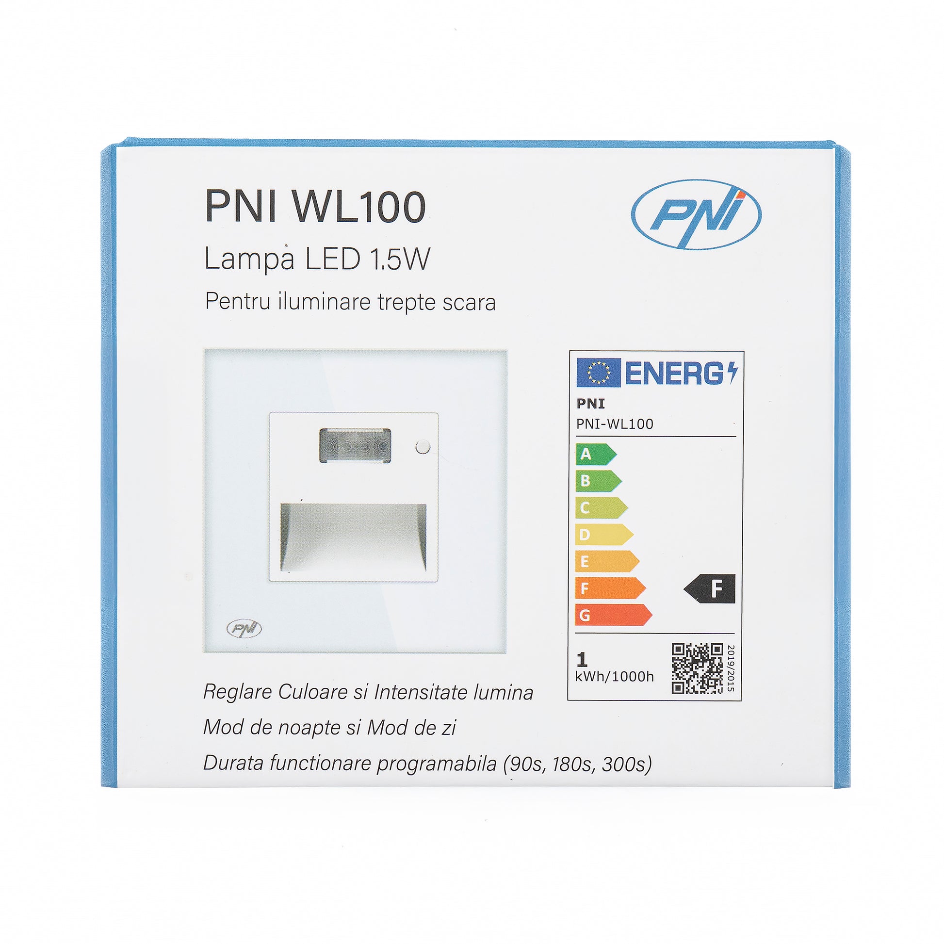 Lampa LED PNI WL100 pentru iluminare trepte scara, montaj incastrat, cu senzor de miscare, senzor de lumina, culoare lumina reglabila, intensitate lumina reglabila, mod noapte, mod zi, 1.5W, 150 lm