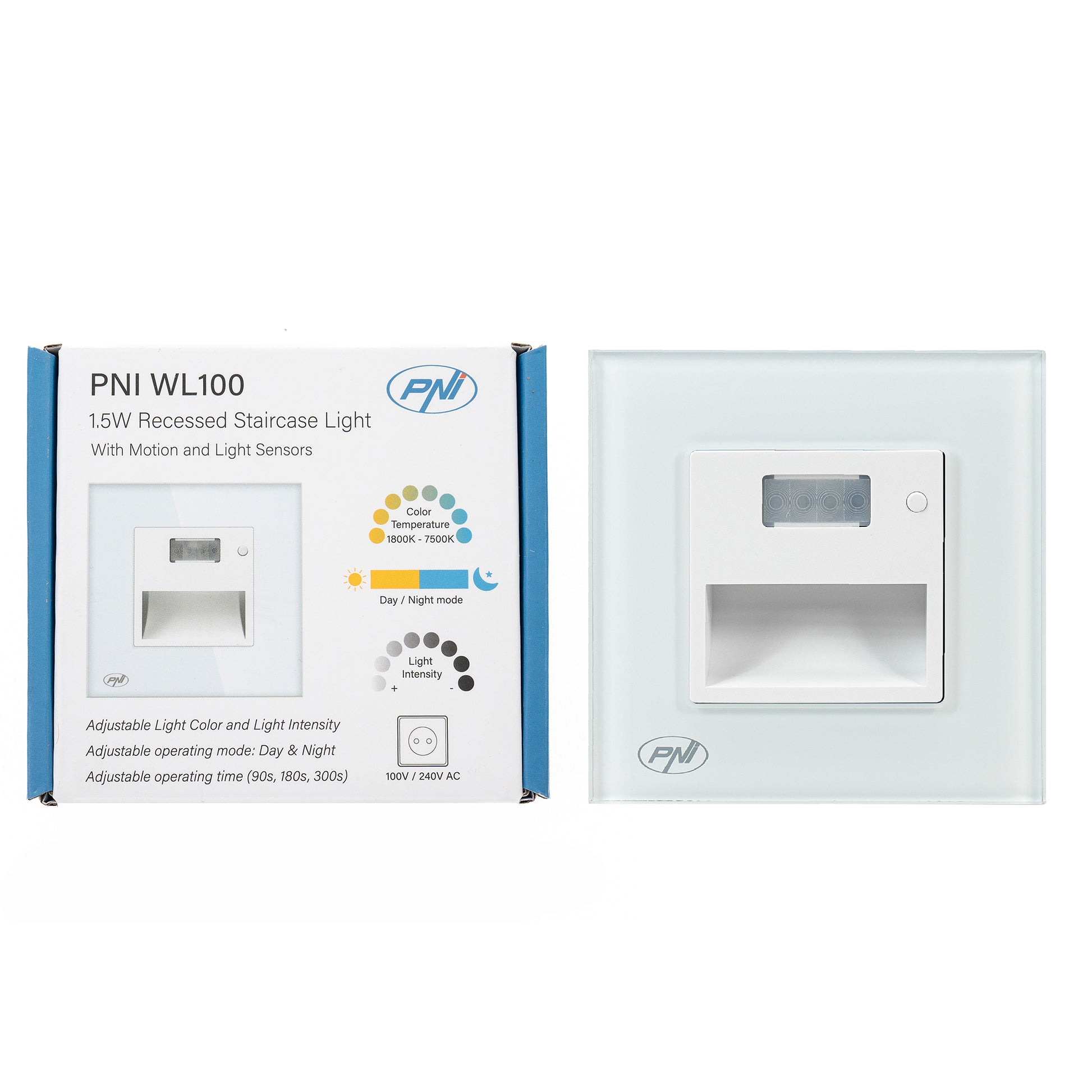 Lampa LED PNI WL100 pentru iluminare trepte scara, montaj incastrat, cu senzor de miscare, senzor de lumina, culoare lumina reglabila, intensitate lumina reglabila, mod noapte, mod zi, 1.5W, 150 lm