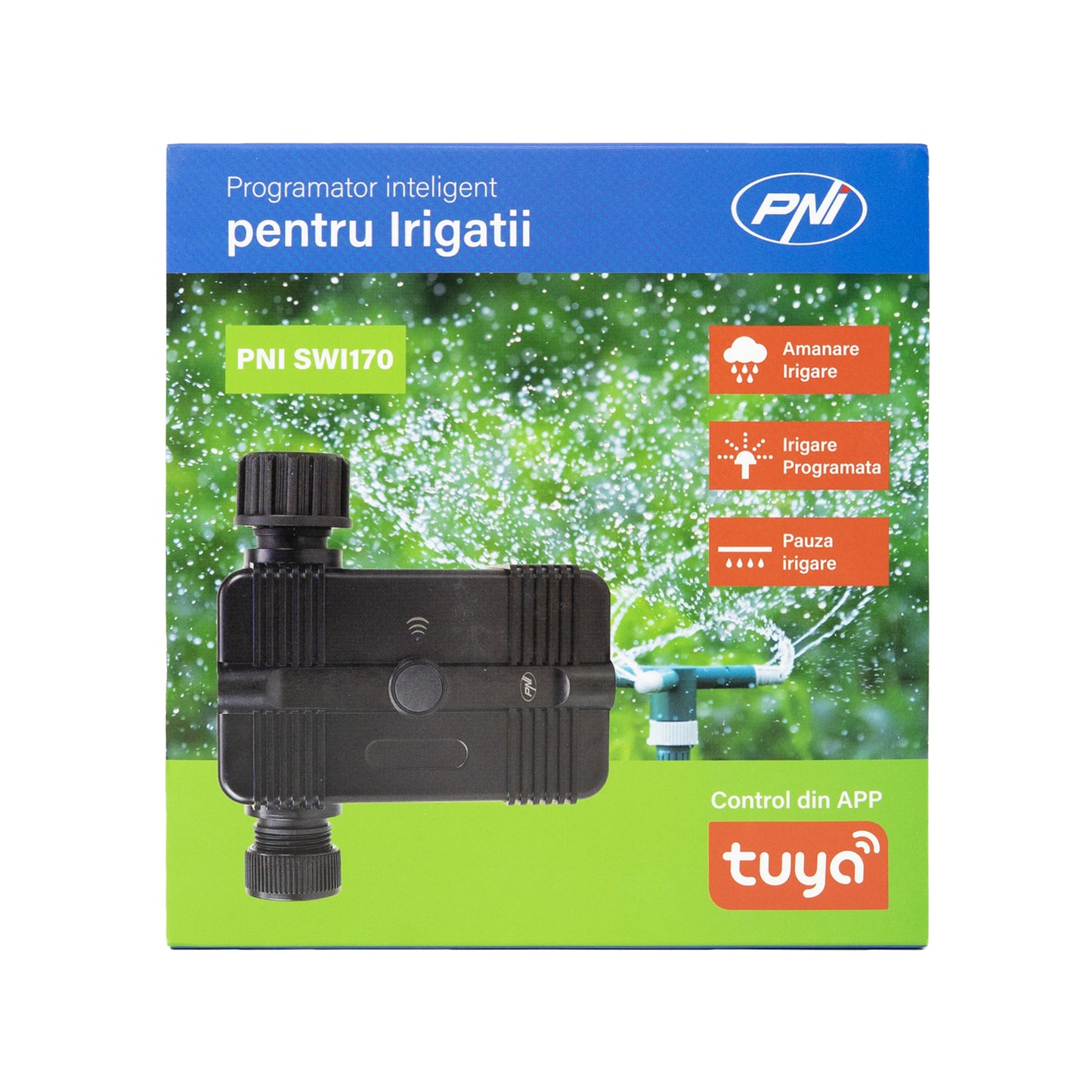 Programator inteligent pentru irigare PNI SWI170, Wi-Fi, racord 3/4 sau 1/2, 1700 l/h, control prin aplicatie Tuya, compatibil cu Amazon Alexa si Google Home
