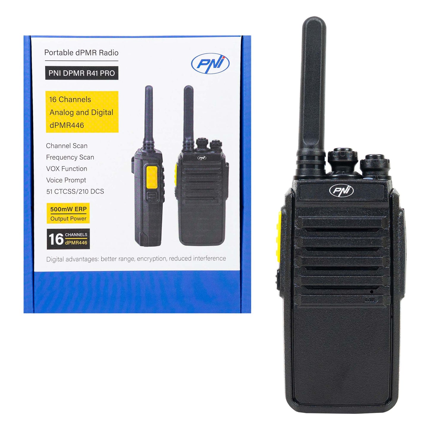 Statie radio portabila PNI DPMR R41 PRO 0.5W, 16CH, VOX, programabila, 1500mAh, casti cu microfon incluse