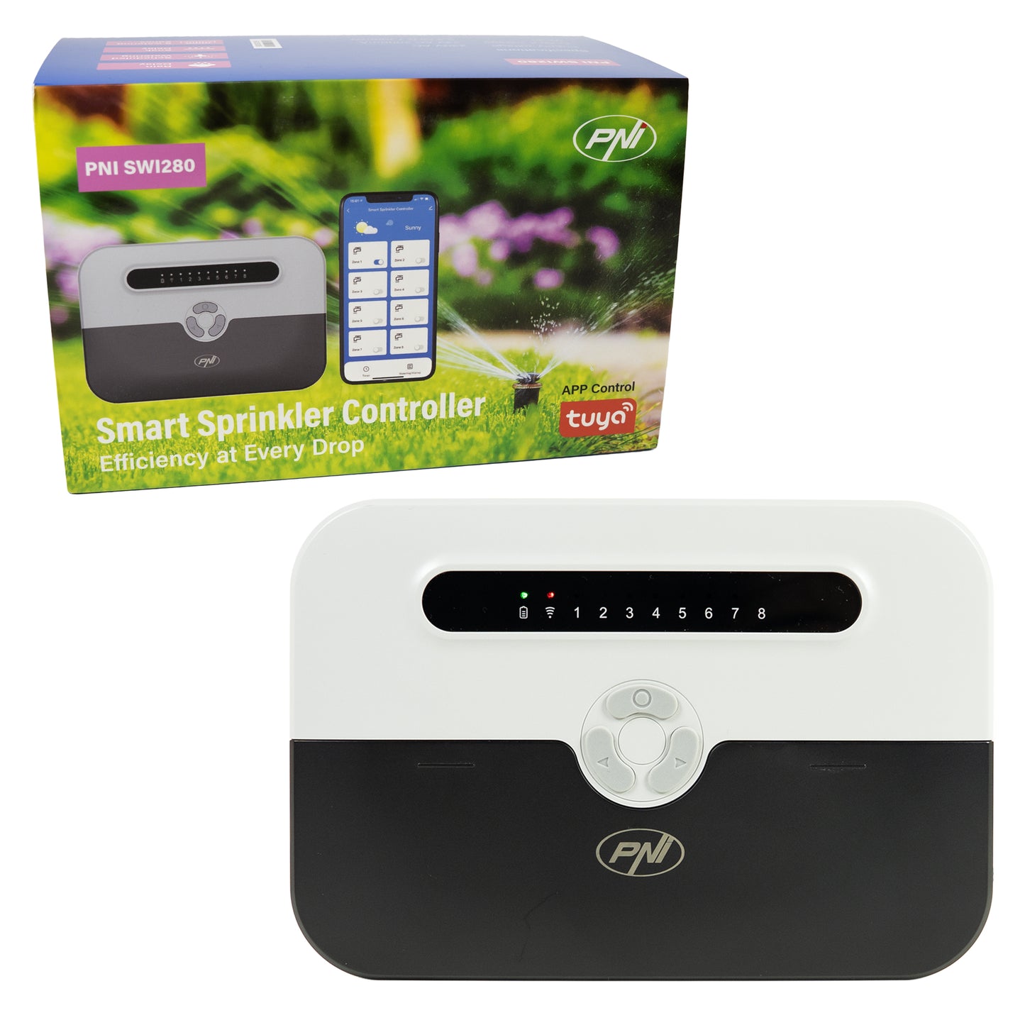 Programator inteligent pentru irigare PNI SWI280 Wi-Fi, pentru 8 zone, control din Tuya Smart, compatibil cu Amazon Alexa si Google Home pentru irigatii
