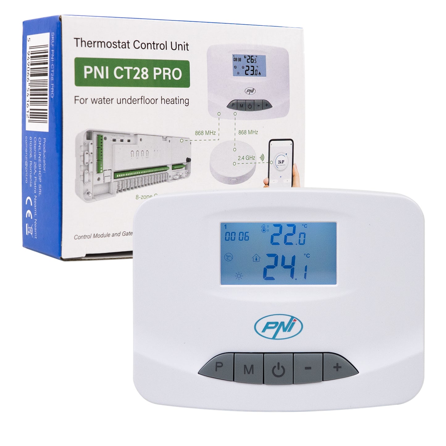 Unitate comanda termostat PNI CT28 PRO fara fir, pentru incalzire in pardoseala compatibil cu Modul de control electrovane PNI CT28M si cu Hub PNI CT28WIFI pentru control din aplicatia Tuya Smart