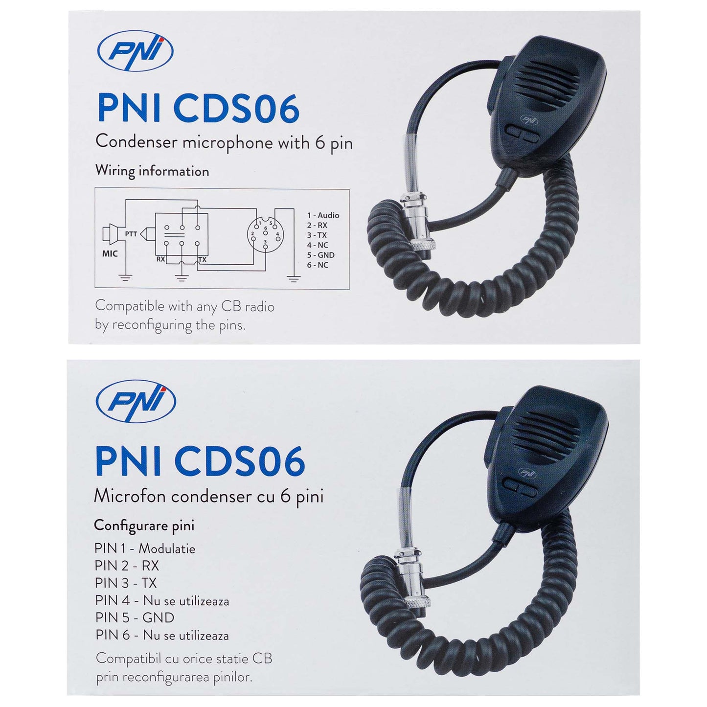 Microfon PNI CDS06 tip condenser cu 6 pini pentru statie radio CB, compatibil cu statii CB President, Midland, Albrecht