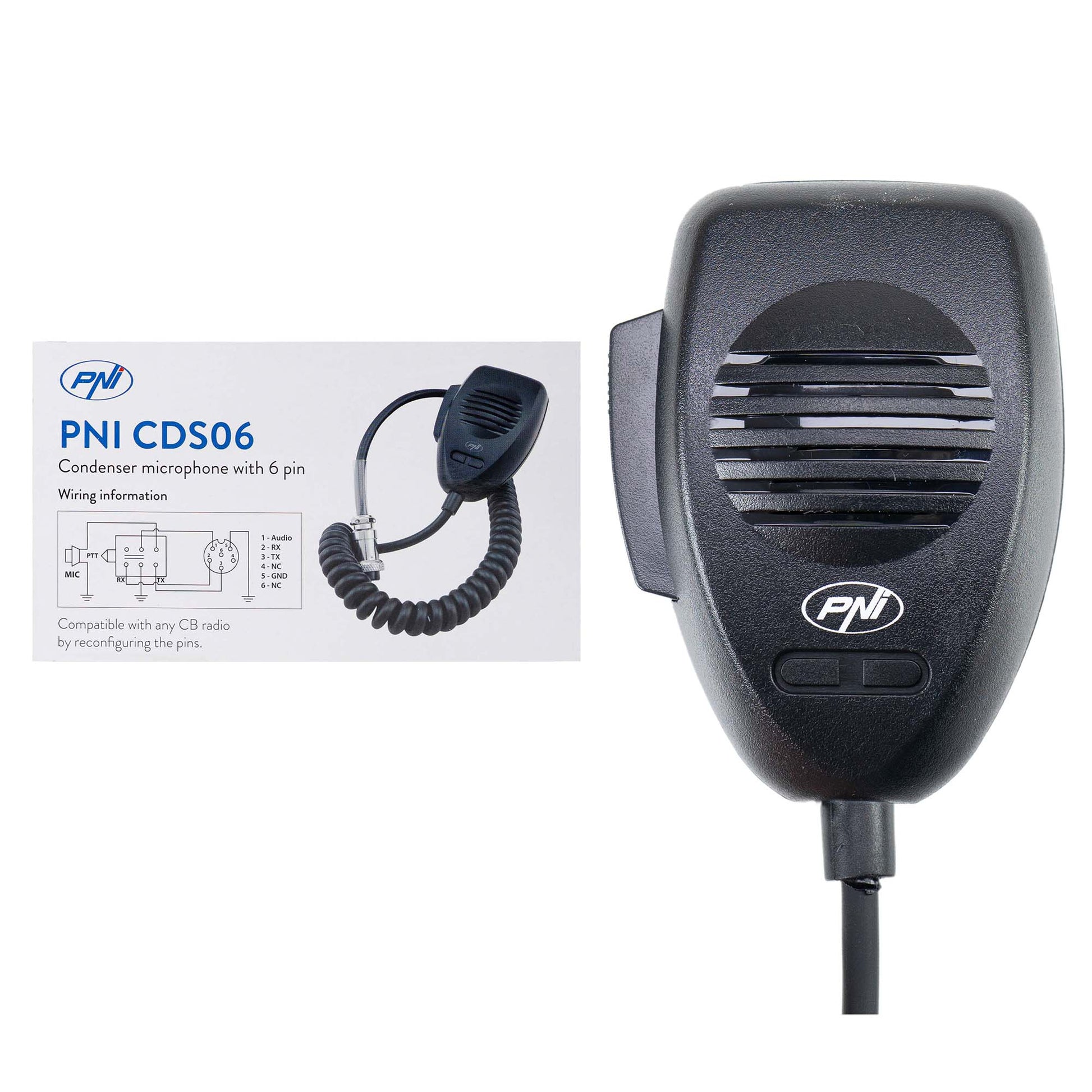 Microfon PNI CDS06 tip condenser cu 6 pini pentru statie radio CB, compatibil cu statii CB President, Midland, Albrecht