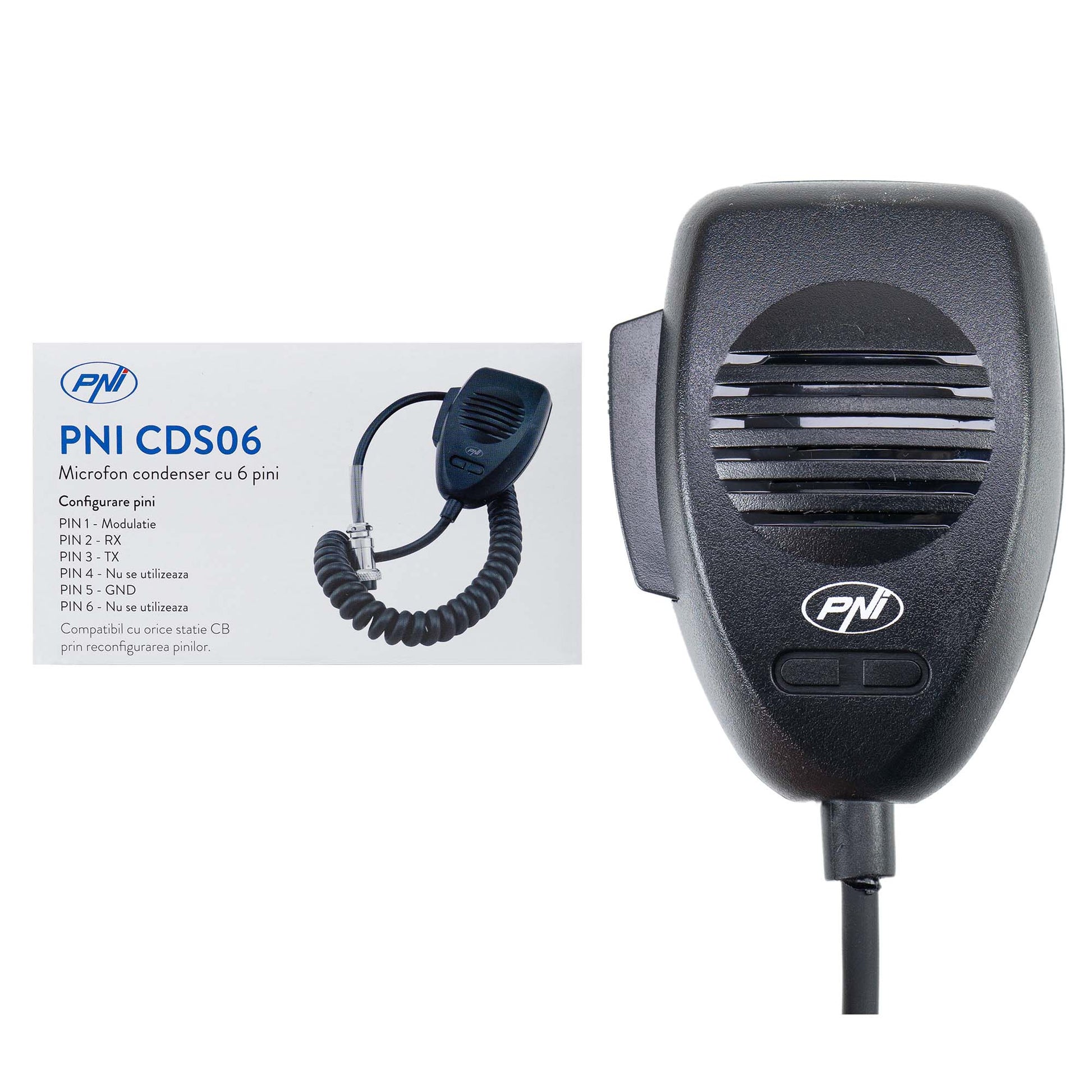 Microfon PNI CDS06 tip condenser cu 6 pini pentru statie radio CB, compatibil cu statii CB President, Midland, Albrecht