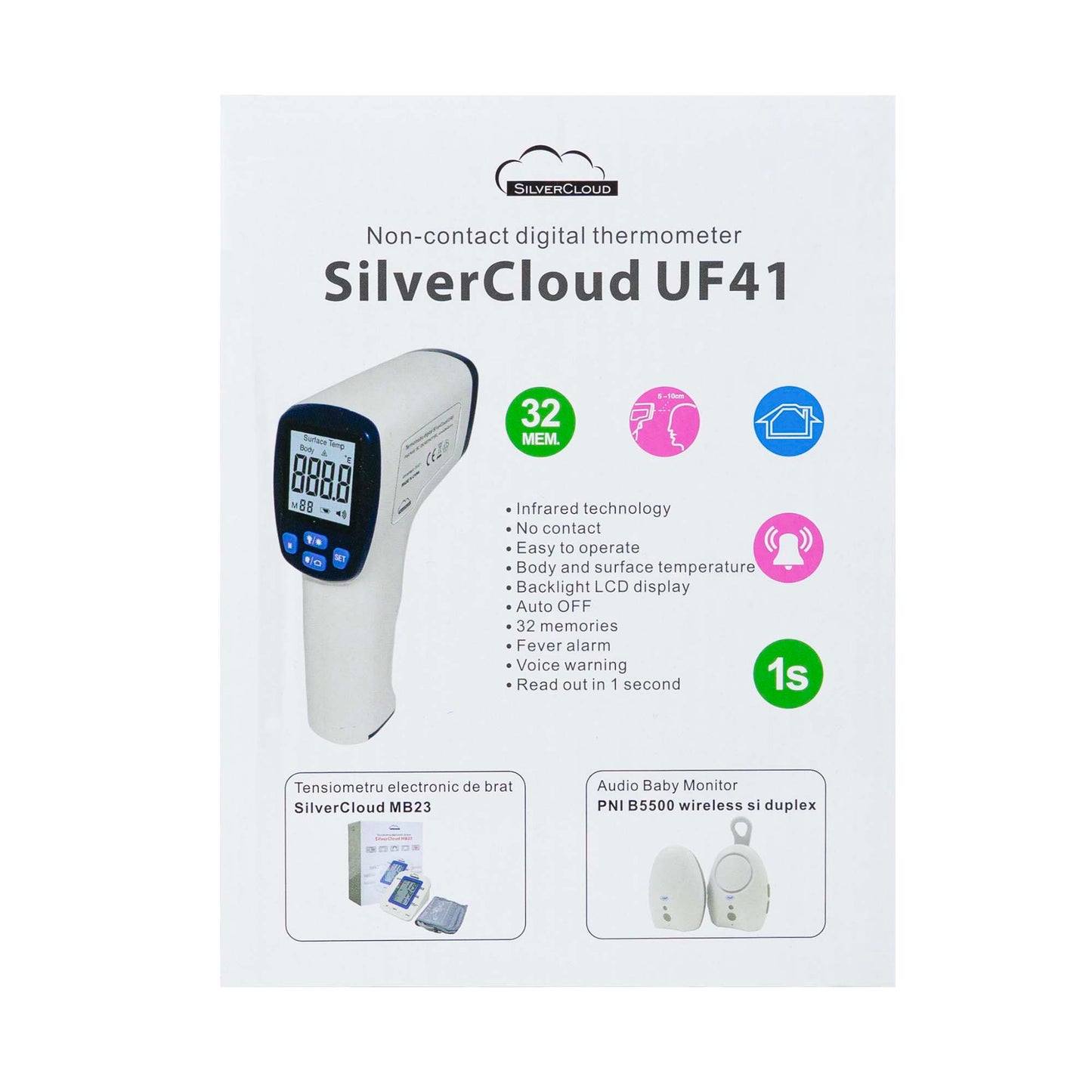Termometru digital SilverCloud UF41 pentru corp si suprafete, tehnologie infrarosu, non-contact, atentionare vocala