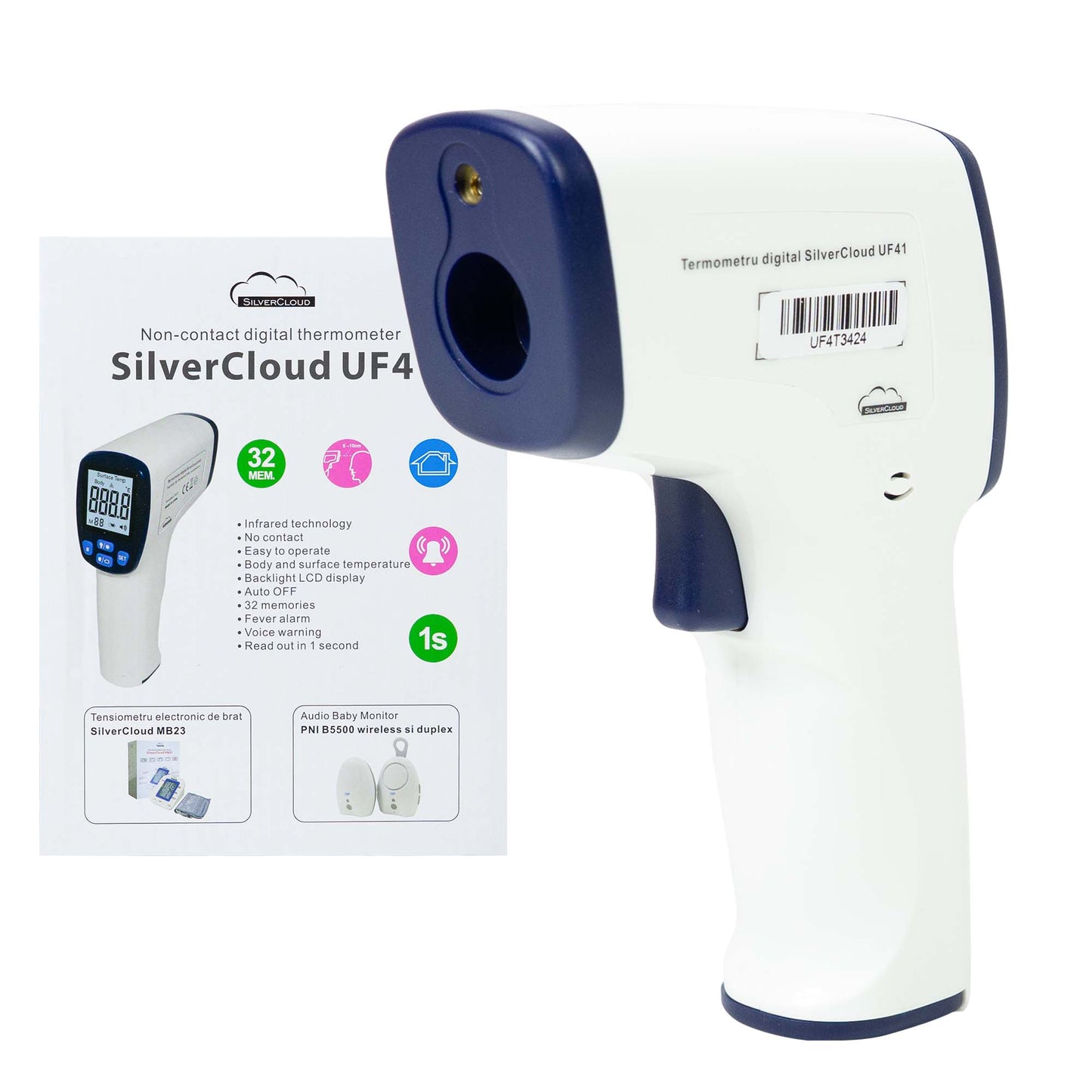 Termometru digital SilverCloud UF41 pentru corp si suprafete, tehnologie infrarosu, non-contact, atentionare vocala