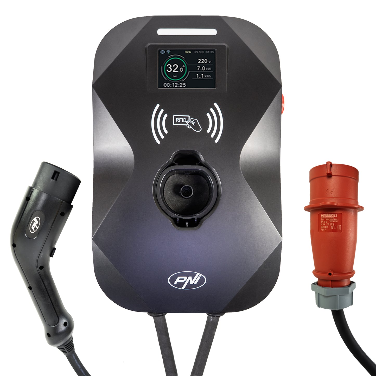 Statie de incarcare PNI KW22 32A, 22KW, pentru masini electrice, 85V - 415V, trifazat, cablu Type 2 cu 7 pini, ecran 3.5 inch, cu Bluetooth, control din aplicatie, activare incarcare prin aplicatie si card RFID, IP55