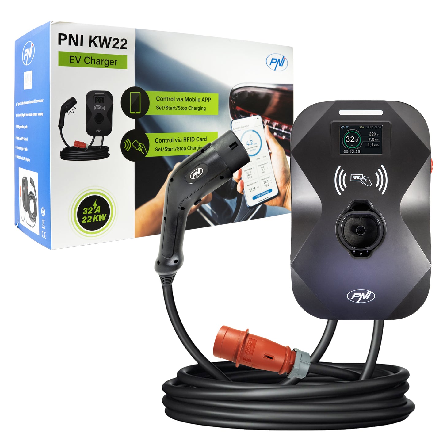 Statie de incarcare PNI KW22 32A, 22KW, pentru masini electrice, 85V - 415V, trifazat, cablu Type 2 cu 7 pini, ecran 3.5 inch, cu Bluetooth, control din aplicatie, activare incarcare prin aplicatie si card RFID, IP55