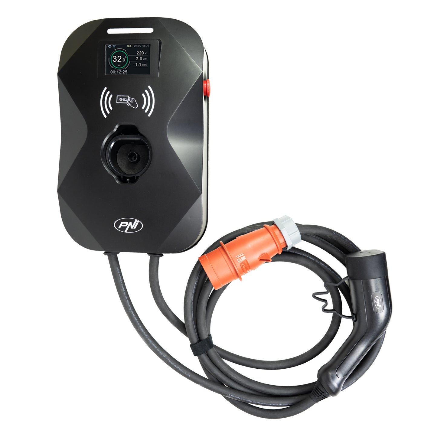Statie de incarcare PNI KW22 32A, 22KW, pentru masini electrice, 85V - 415V, trifazat, cablu Type 2 cu 7 pini, ecran 3.5 inch, cu Bluetooth, control din aplicatie, activare incarcare prin aplicatie si card RFID, IP55