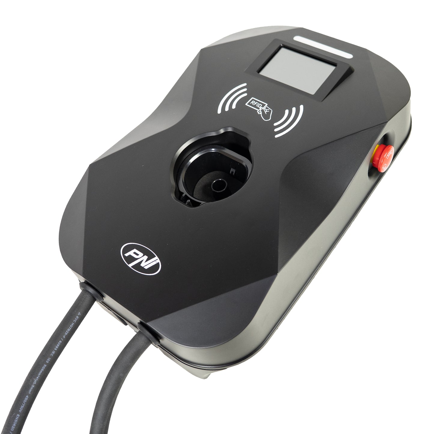 Statie de incarcare PNI KW22 32A, 22KW, pentru masini electrice, 85V - 415V, trifazat, cablu Type 2 cu 7 pini, ecran 3.5 inch, cu Bluetooth, control din aplicatie, activare incarcare prin aplicatie si card RFID, IP55