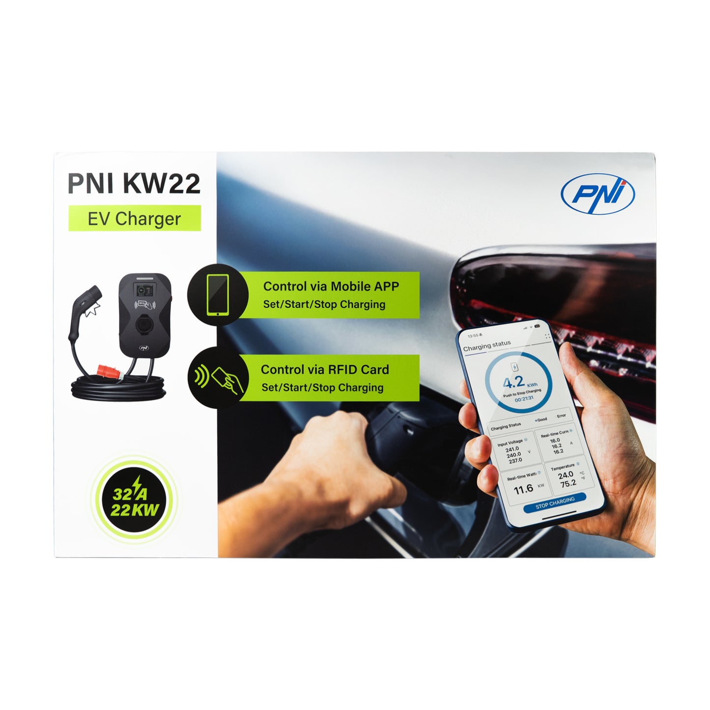 Statie de incarcare PNI KW22 32A, 22KW, pentru masini electrice, 85V - 415V, trifazat, cablu Type 2 cu 7 pini, ecran 3.5 inch, cu Bluetooth, control din aplicatie, activare incarcare prin aplicatie si card RFID, IP55