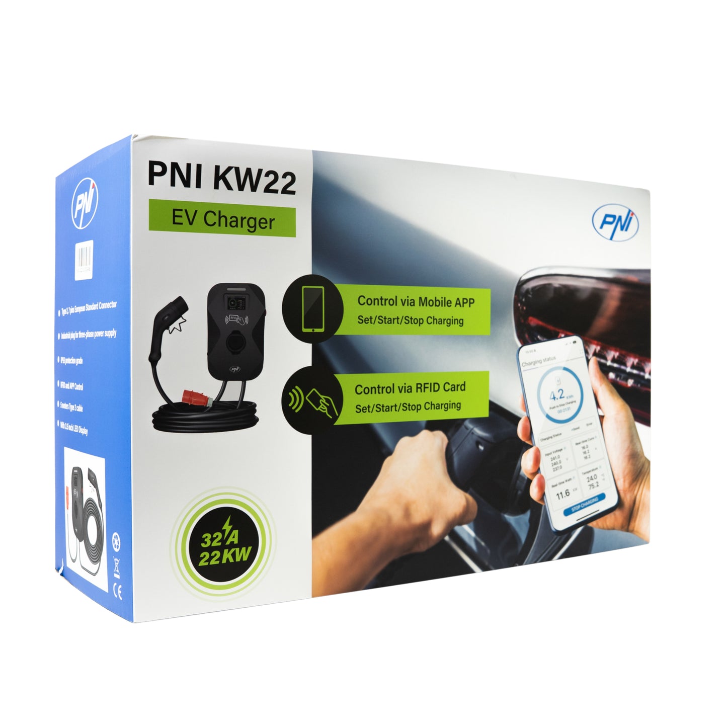 Statie de incarcare PNI KW22 32A, 22KW, pentru masini electrice, 85V - 415V, trifazat, cablu Type 2 cu 7 pini, ecran 3.5 inch, cu Bluetooth, control din aplicatie, activare incarcare prin aplicatie si card RFID, IP55