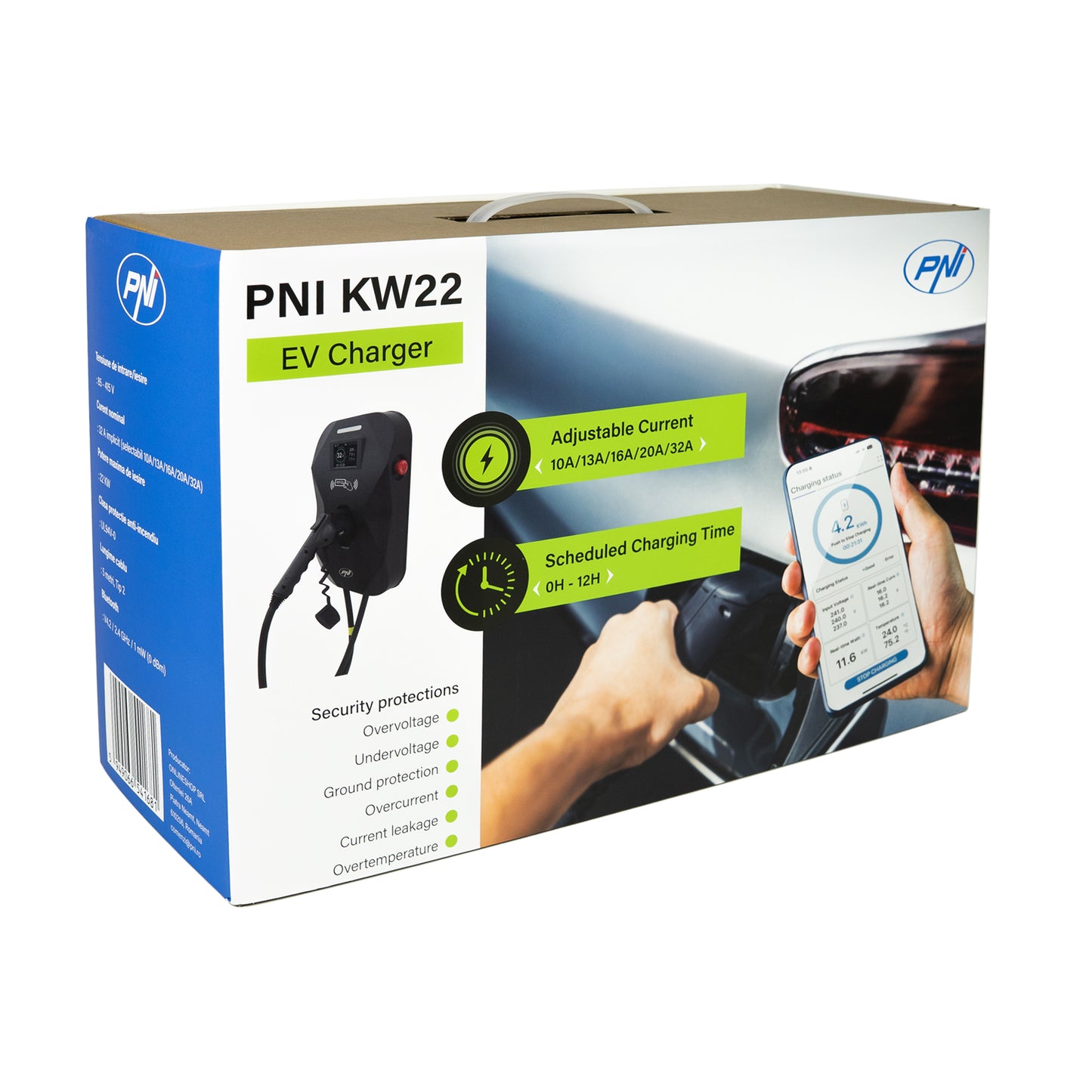 Statie de incarcare PNI KW22 32A, 22KW, pentru masini electrice, 85V - 415V, trifazat, cablu Type 2 cu 7 pini, ecran 3.5 inch, cu Bluetooth, control din aplicatie, activare incarcare prin aplicatie si card RFID, IP55