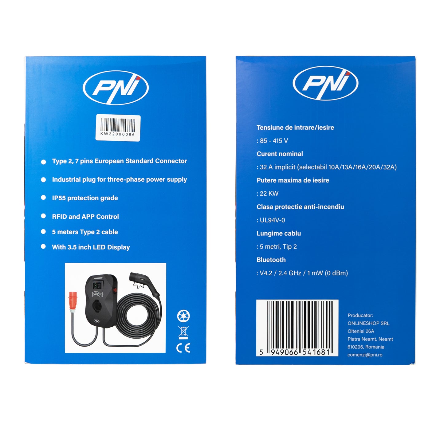 Statie de incarcare PNI KW22 32A, 22KW, pentru masini electrice, 85V - 415V, trifazat, cablu Type 2 cu 7 pini, ecran 3.5 inch, cu Bluetooth, control din aplicatie, activare incarcare prin aplicatie si card RFID, IP55