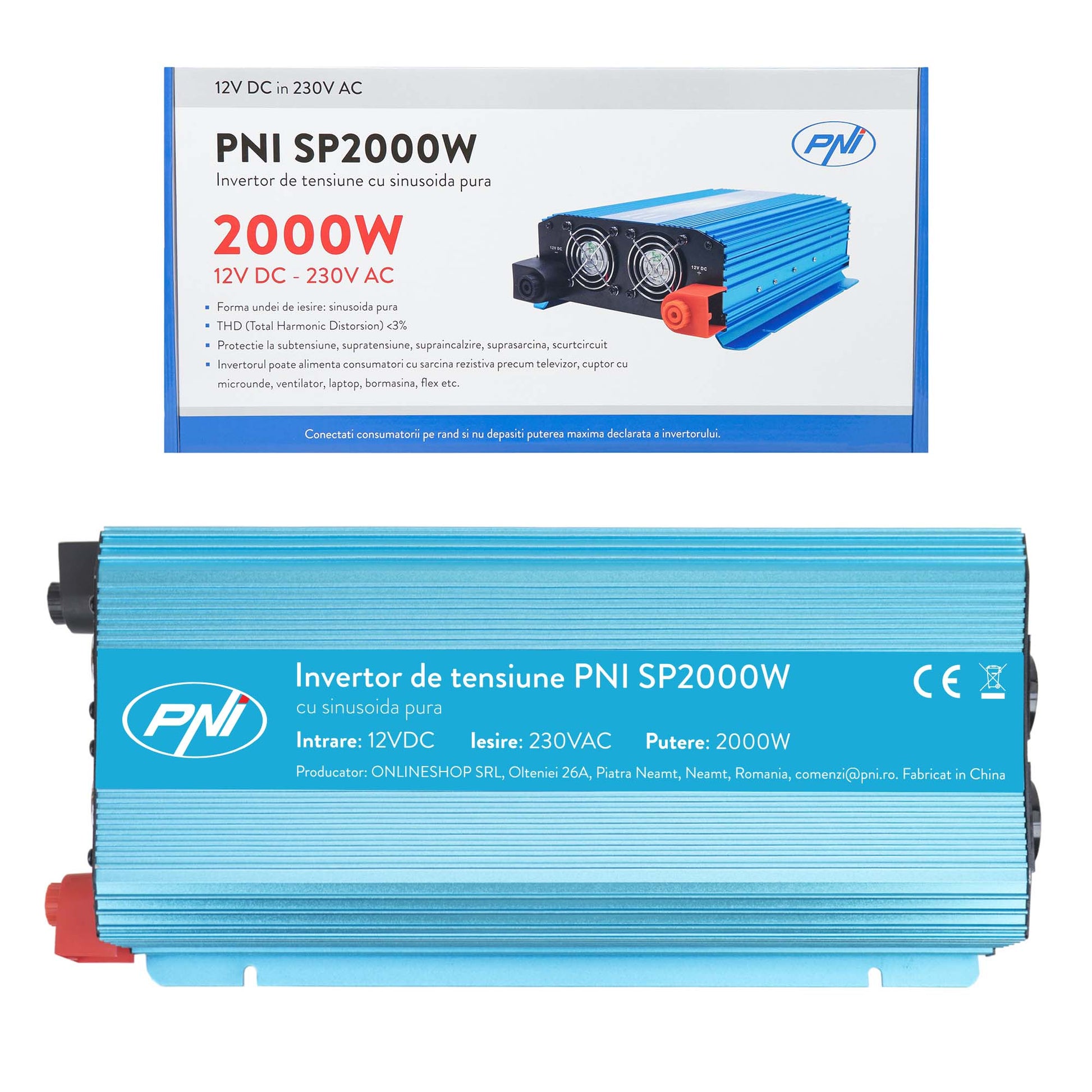 Invertor de tensiune PNI SP2000W cu sinusoida pura, intrare 12V DC, iesire 230V AC, putere 2000W