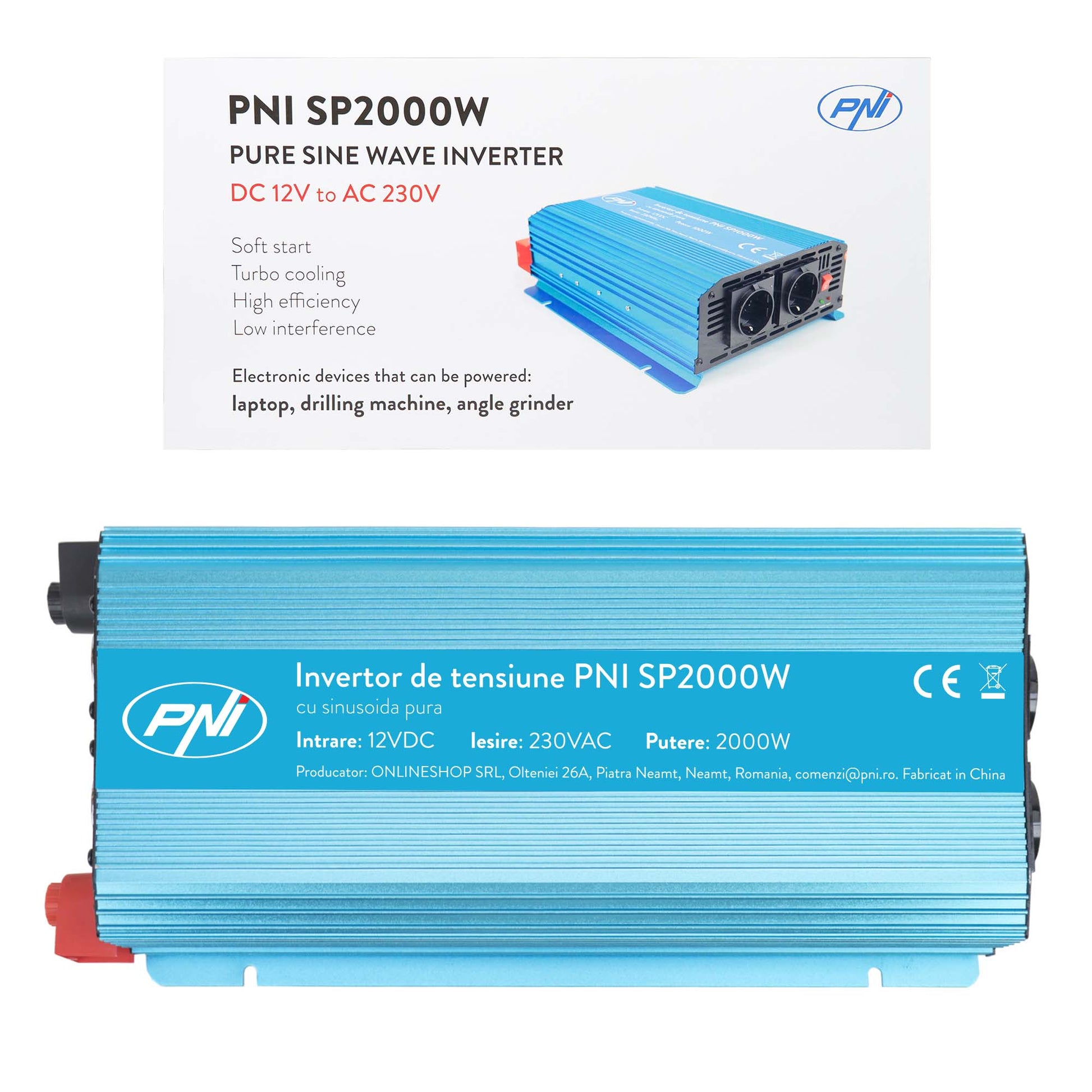 Invertor de tensiune PNI SP2000W cu sinusoida pura, intrare 12V DC, iesire 230V AC, putere 2000W