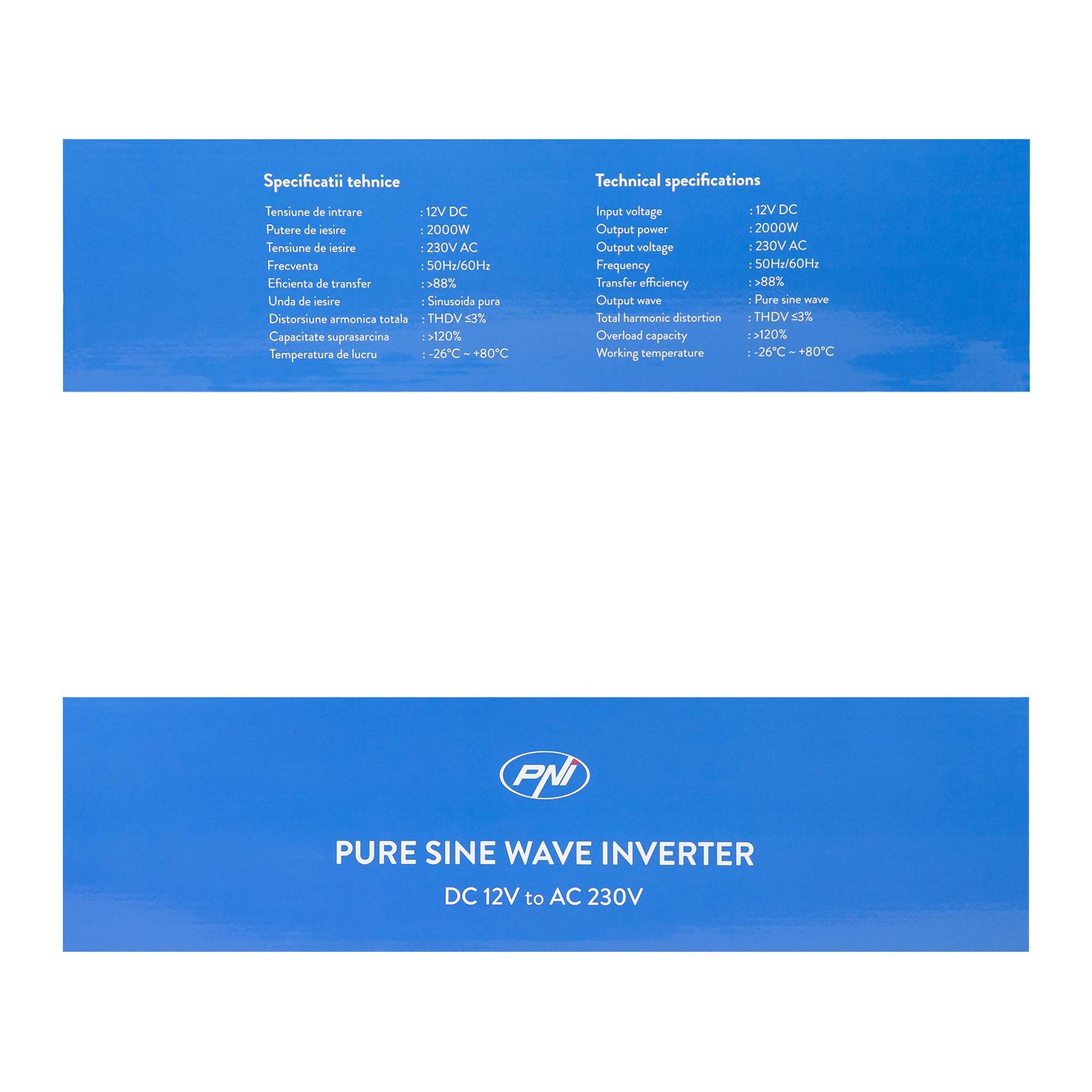 Invertor de tensiune PNI SP2000W cu sinusoida pura, intrare 12V DC, iesire 230V AC, putere 2000W