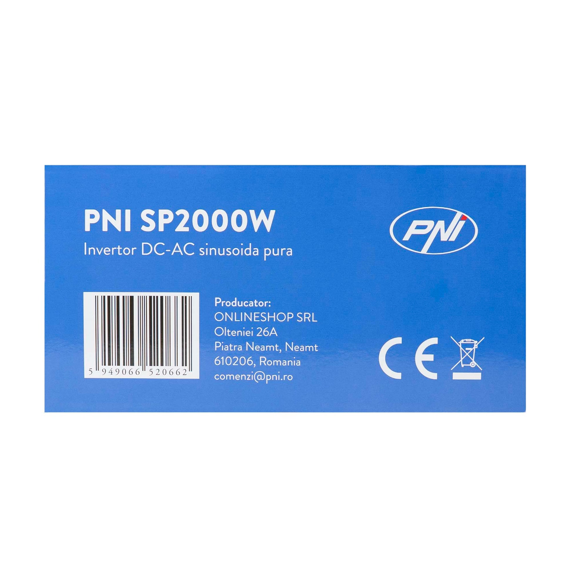 Invertor de tensiune PNI SP2000W cu sinusoida pura, intrare 12V DC, iesire 230V AC, putere 2000W
