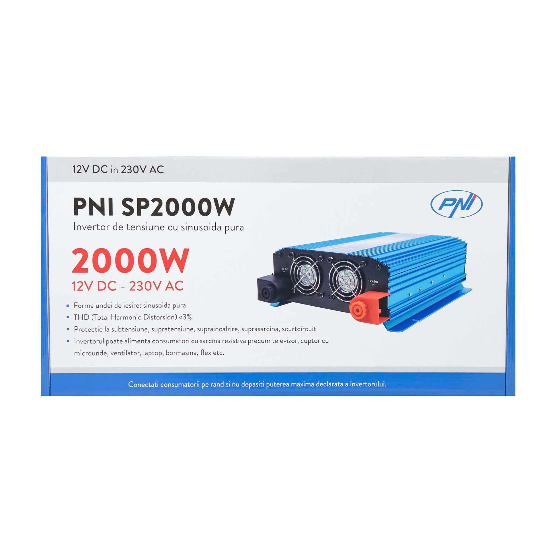 Invertor de tensiune PNI SP2000W cu sinusoida pura, intrare 12V DC, iesire 230V AC, putere 2000W