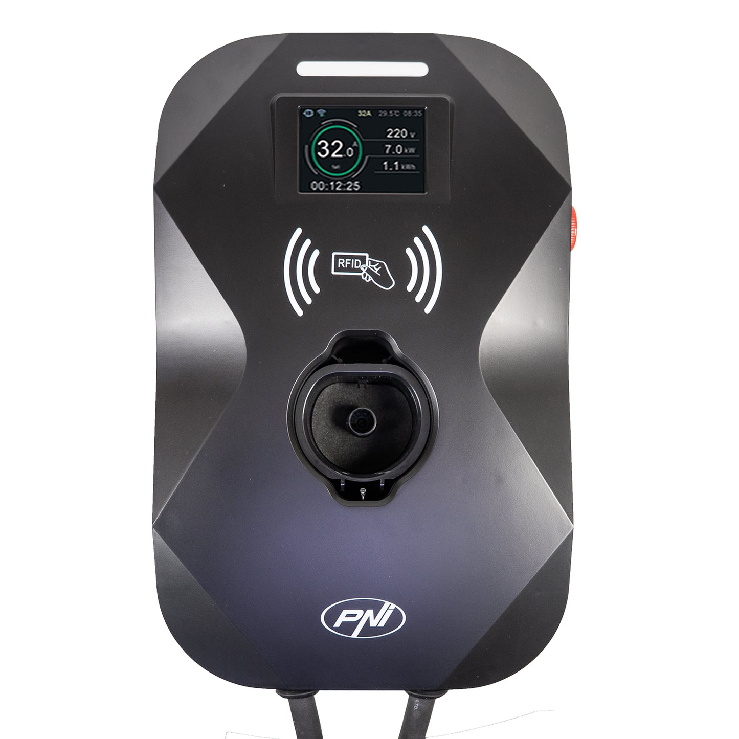 Statie de incarcare PNI KW11 16A, 11KW, pentru masini electrice, 85V - 415V, trifazat, cablu Type2 cu 7 pini, ecran 3.5 inch, cu Bluetooth, control din aplicatie, activare incarcare prin aplicatie si card RFID, IP55
