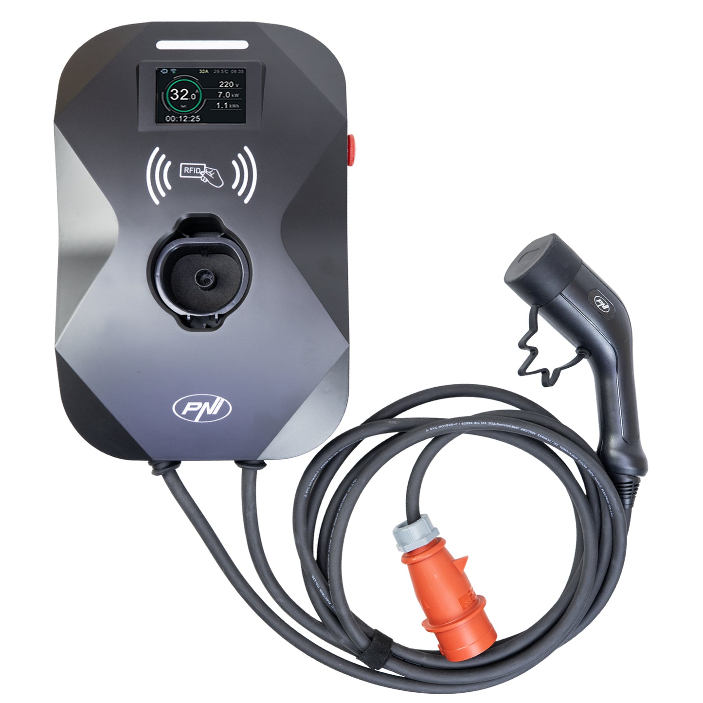 Statie de incarcare PNI KW11 16A, 11KW, pentru masini electrice, 85V - 415V, trifazat, cablu Type2 cu 7 pini, ecran 3.5 inch, cu Bluetooth, control din aplicatie, activare incarcare prin aplicatie si card RFID, IP55