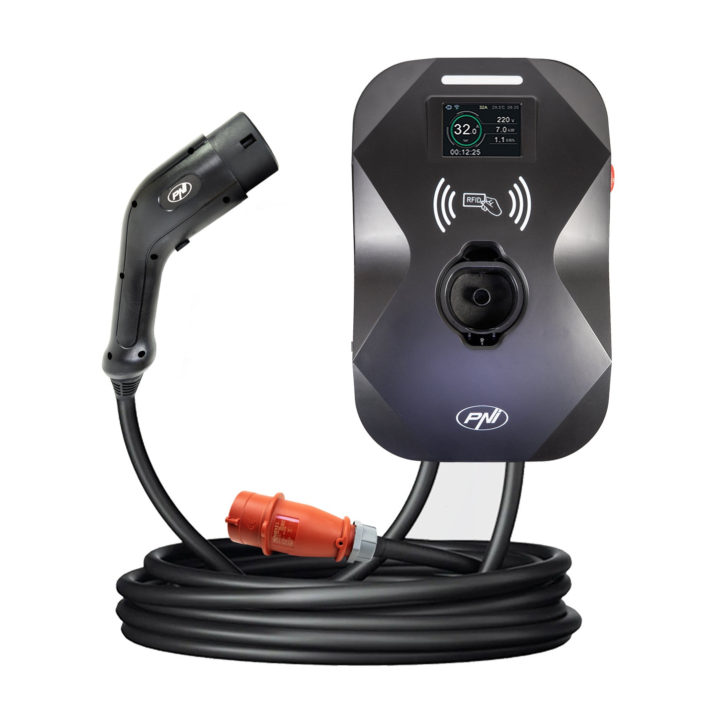 Statie de incarcare PNI KW11 16A, 11KW, pentru masini electrice, 85V - 415V, trifazat, cablu Type2 cu 7 pini, ecran 3.5 inch, cu Bluetooth, control din aplicatie, activare incarcare prin aplicatie si card RFID, IP55