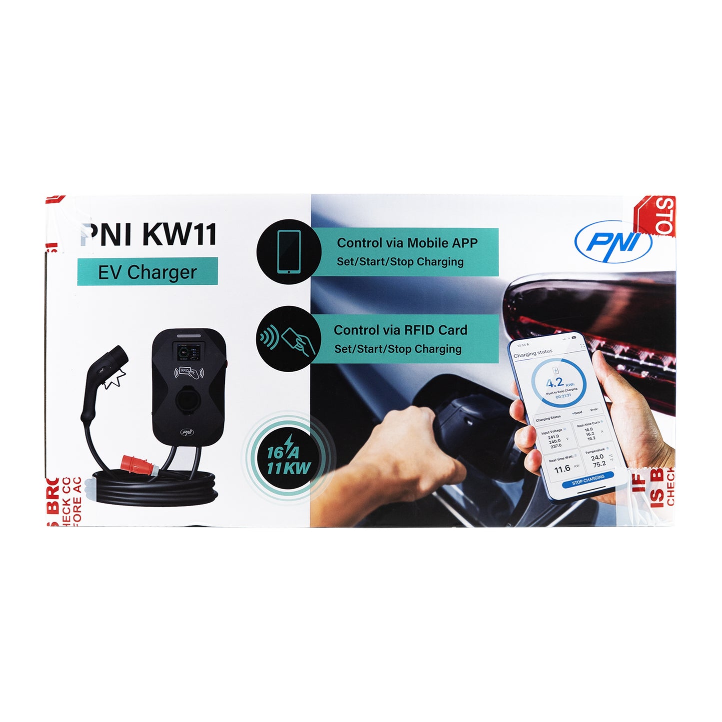 Statie de incarcare PNI KW11 16A, 11KW, pentru masini electrice, 85V - 415V, trifazat, cablu Type2 cu 7 pini, ecran 3.5 inch, cu Bluetooth, control din aplicatie, activare incarcare prin aplicatie si card RFID, IP55