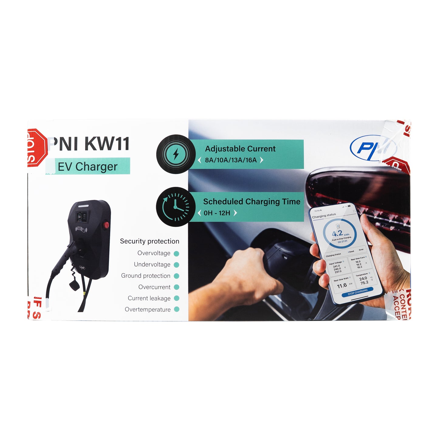 Statie de incarcare PNI KW11 16A, 11KW, pentru masini electrice, 85V - 415V, trifazat, cablu Type2 cu 7 pini, ecran 3.5 inch, cu Bluetooth, control din aplicatie, activare incarcare prin aplicatie si card RFID, IP55