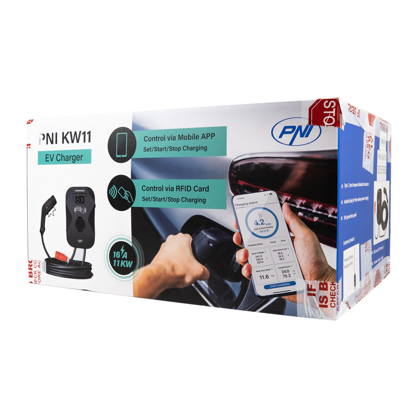 Statie de incarcare PNI KW11 16A, 11KW, pentru masini electrice, 85V - 415V, trifazat, cablu Type2 cu 7 pini, ecran 3.5 inch, cu Bluetooth, control din aplicatie, activare incarcare prin aplicatie si card RFID, IP55