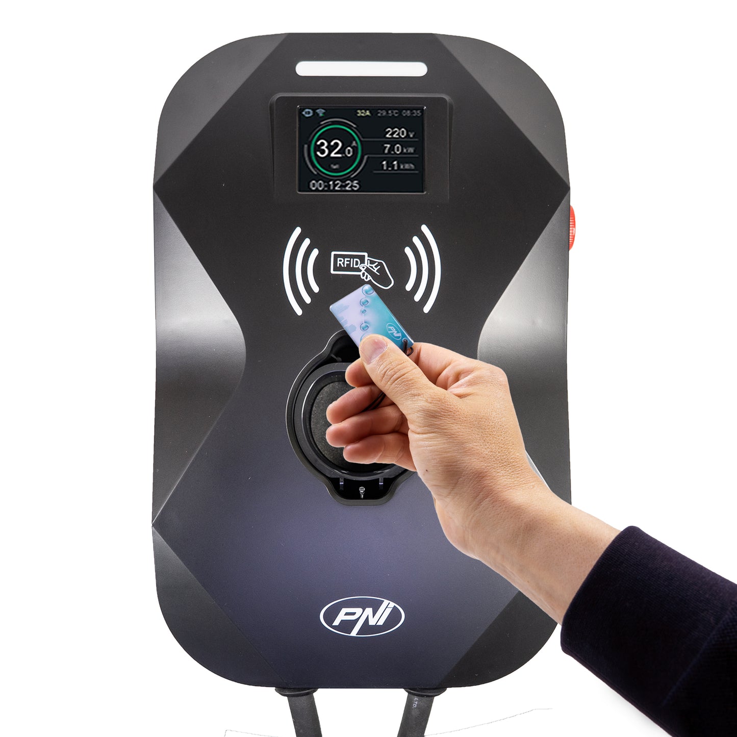 Statie de incarcare PNI KW11 16A, 11KW, pentru masini electrice, 85V - 415V, trifazat, cablu Type2 cu 7 pini, ecran 3.5 inch, cu Bluetooth, control din aplicatie, activare incarcare prin aplicatie si card RFID, IP55
