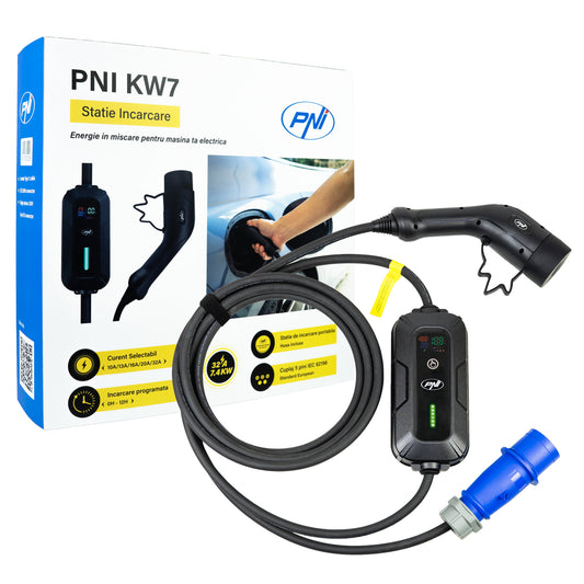Incarcator portabil PNI KW7 32A, 7.4KW, pentru masini electrice, 230V, monofazat, cablu Type 2 cu conector 5 pini, cu temporizare, IP66