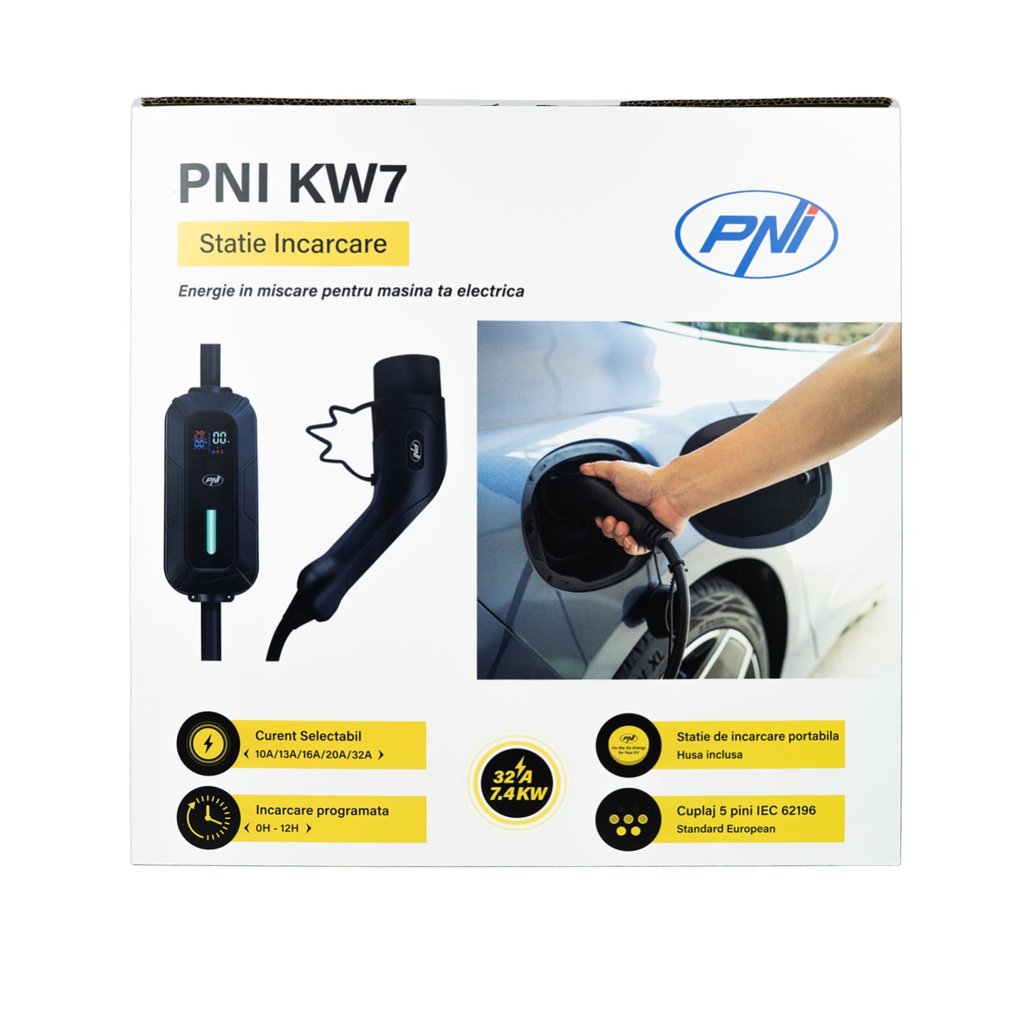 Incarcator portabil PNI KW7 32A, 7.4KW, pentru masini electrice, 230V, monofazat, cablu Type 2 cu conector 5 pini, cu temporizare, IP66
